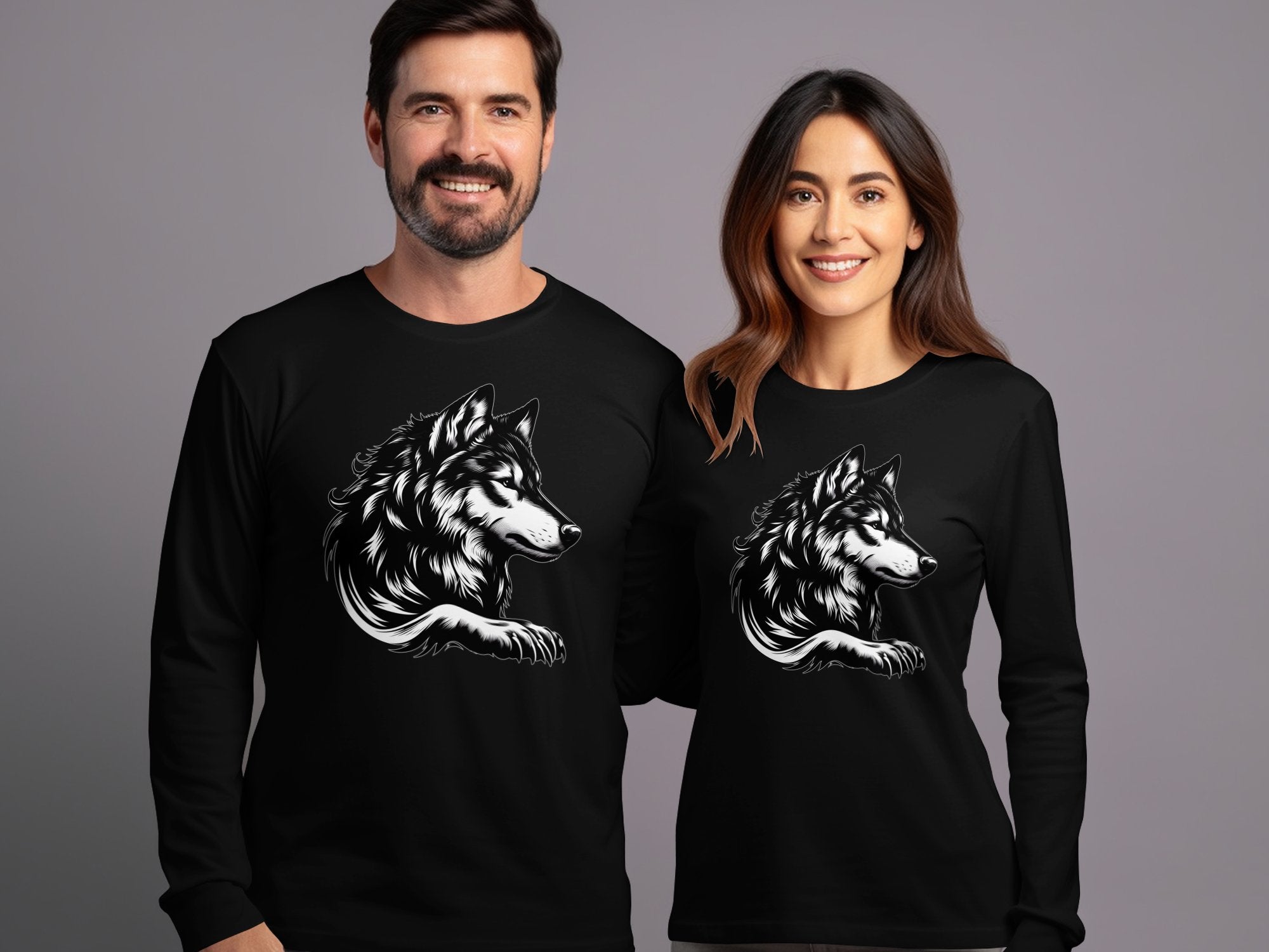 Wolf Tribal - Black White Gildan Long Sleeve Realistic Animal Talisman Unisex Tee Graphic Design