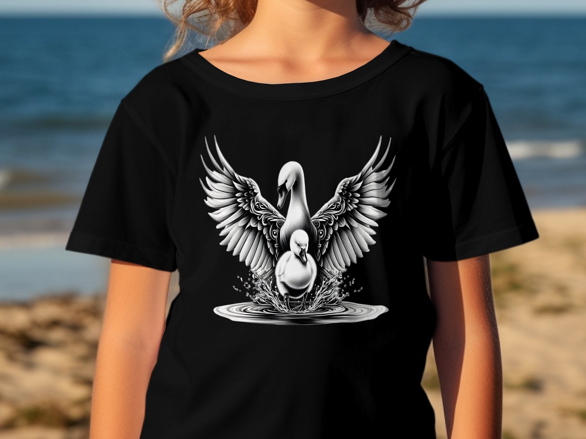 Swan & Cygnet- Black White Gildan Kids T-Shirt Realistic Family Talisman Unisex Tee Graphic Design