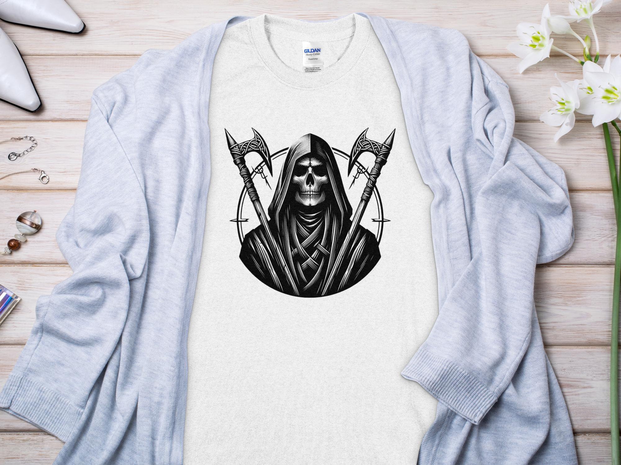 Grim Reaper - Black White Gildan T-Shirt Commemorative Talisman Unisex Tee Graphic Design