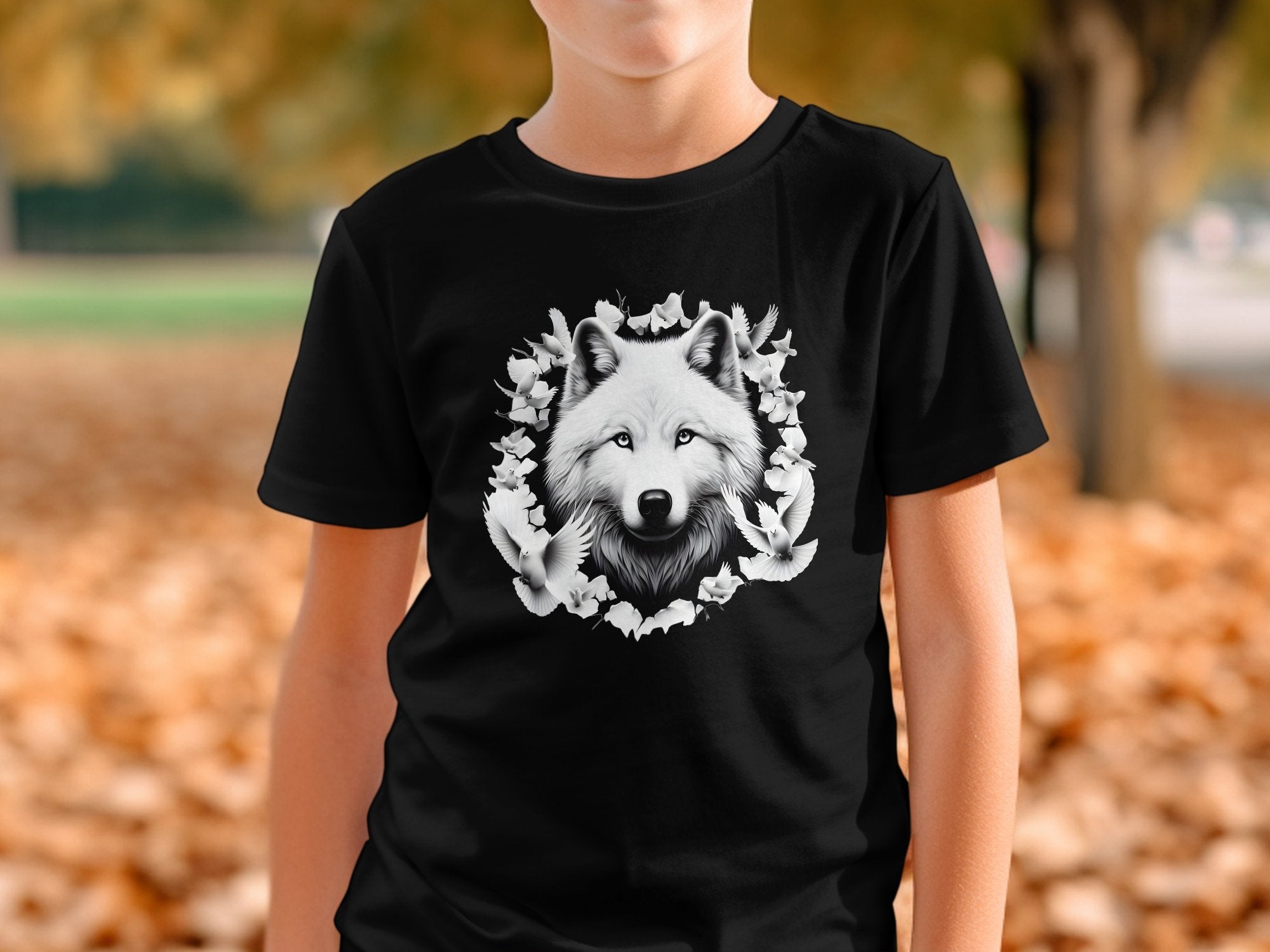 Wolf x Doves - Black White Gildan Kids T-Shirt Realistic Animal Talisman Unisex Tee Graphic Design