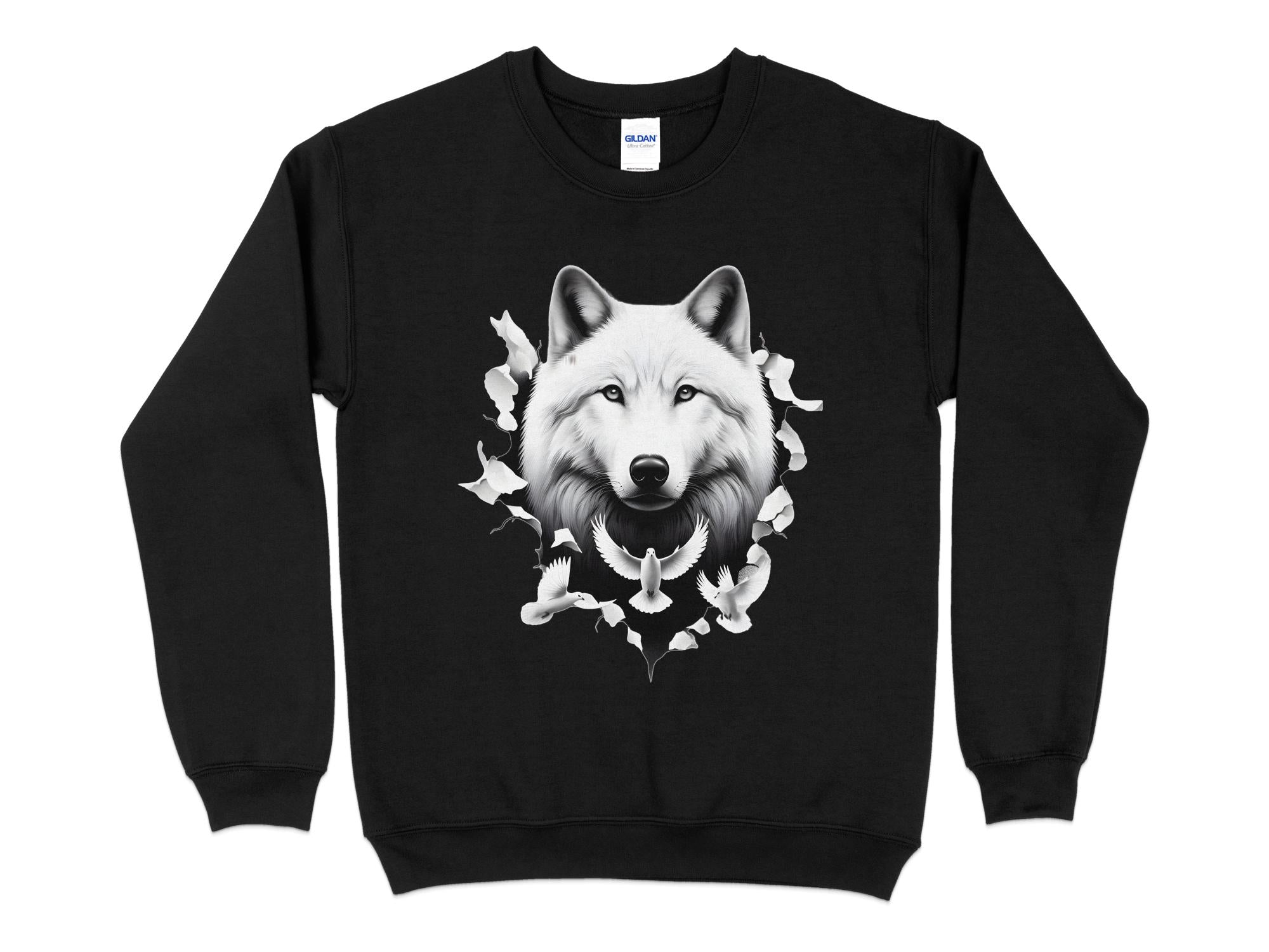 Wolf x Doves - Black White Gildan Sweatshirt Realistic Animal Talisman Unisex Tee Graphic Design