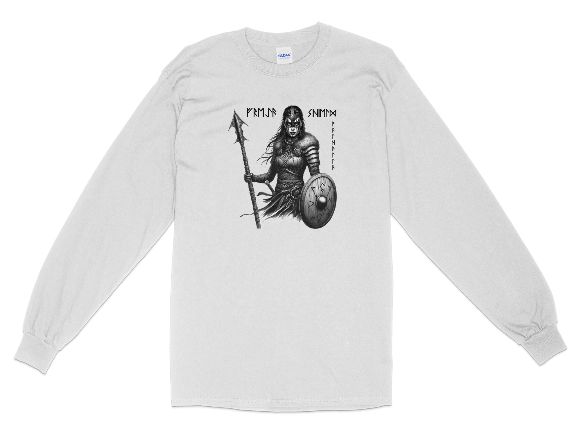 Viking Shield Maiden - Coloured Gildan Long Sleeve Realistic Norse Talisman Men Women Unisex Valhalla Tee Graphic Design