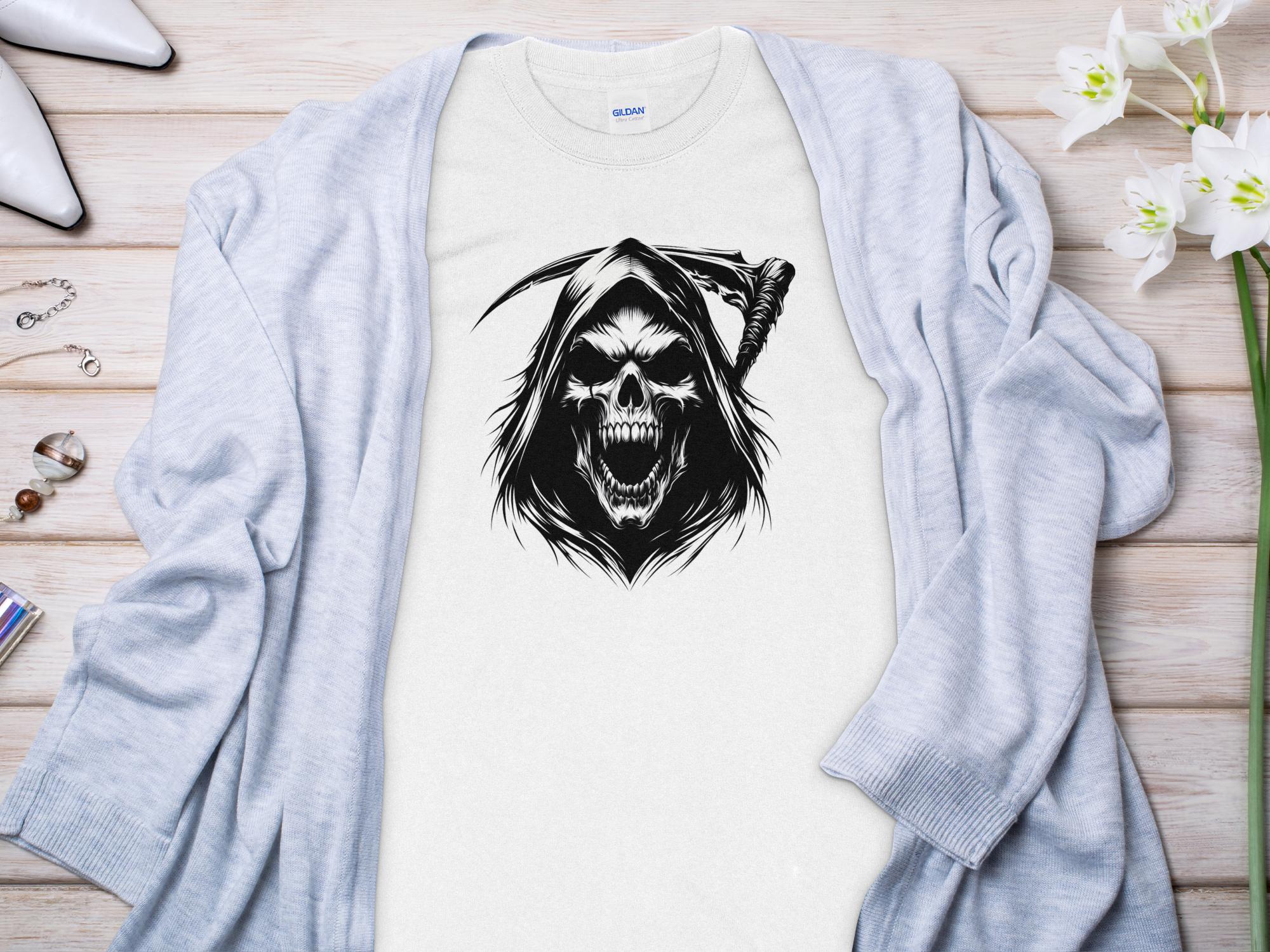 Grim Reaper - Black White Gildan Long Sleeve Commemorative Talisman Unisex Tee Graphic Design