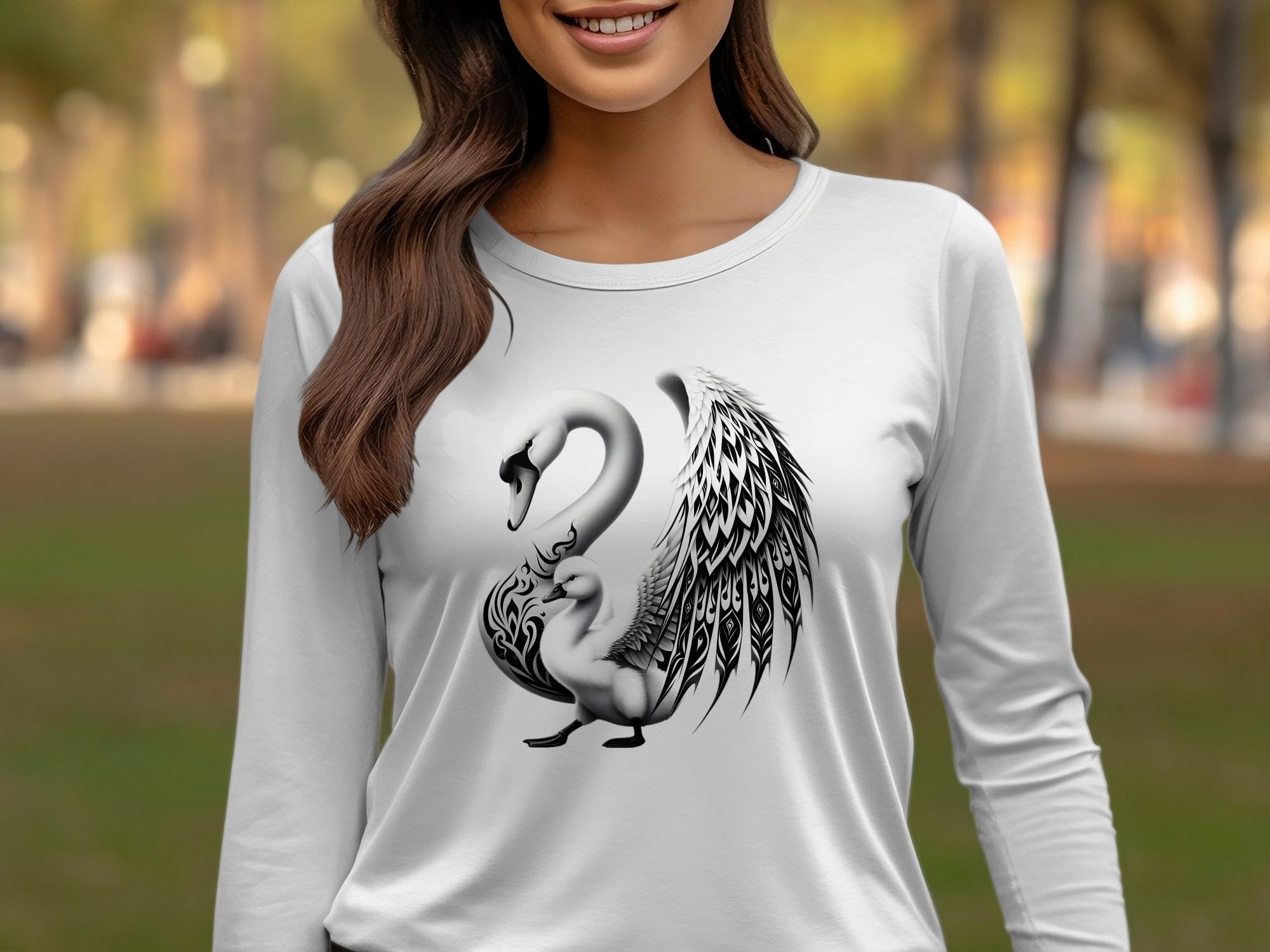 Swan & Cygnet- Black White Gildan Long Sleeve Realistic Family Talisman Unisex Tee Graphic Design