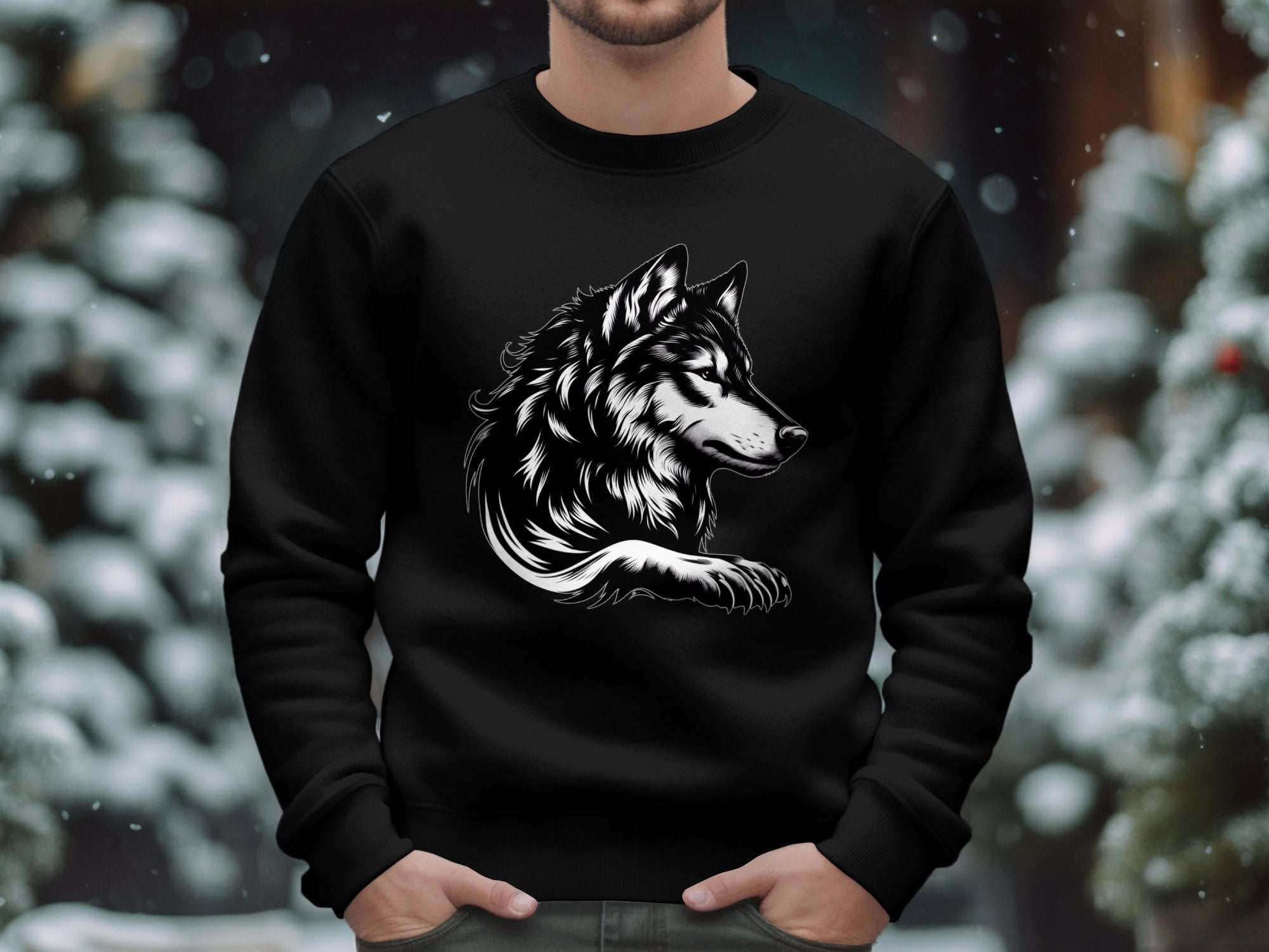 Wolf Tribal - Black White Gildan Sweatshirt Realistic Animal Talisman Unisex Tee Graphic Design