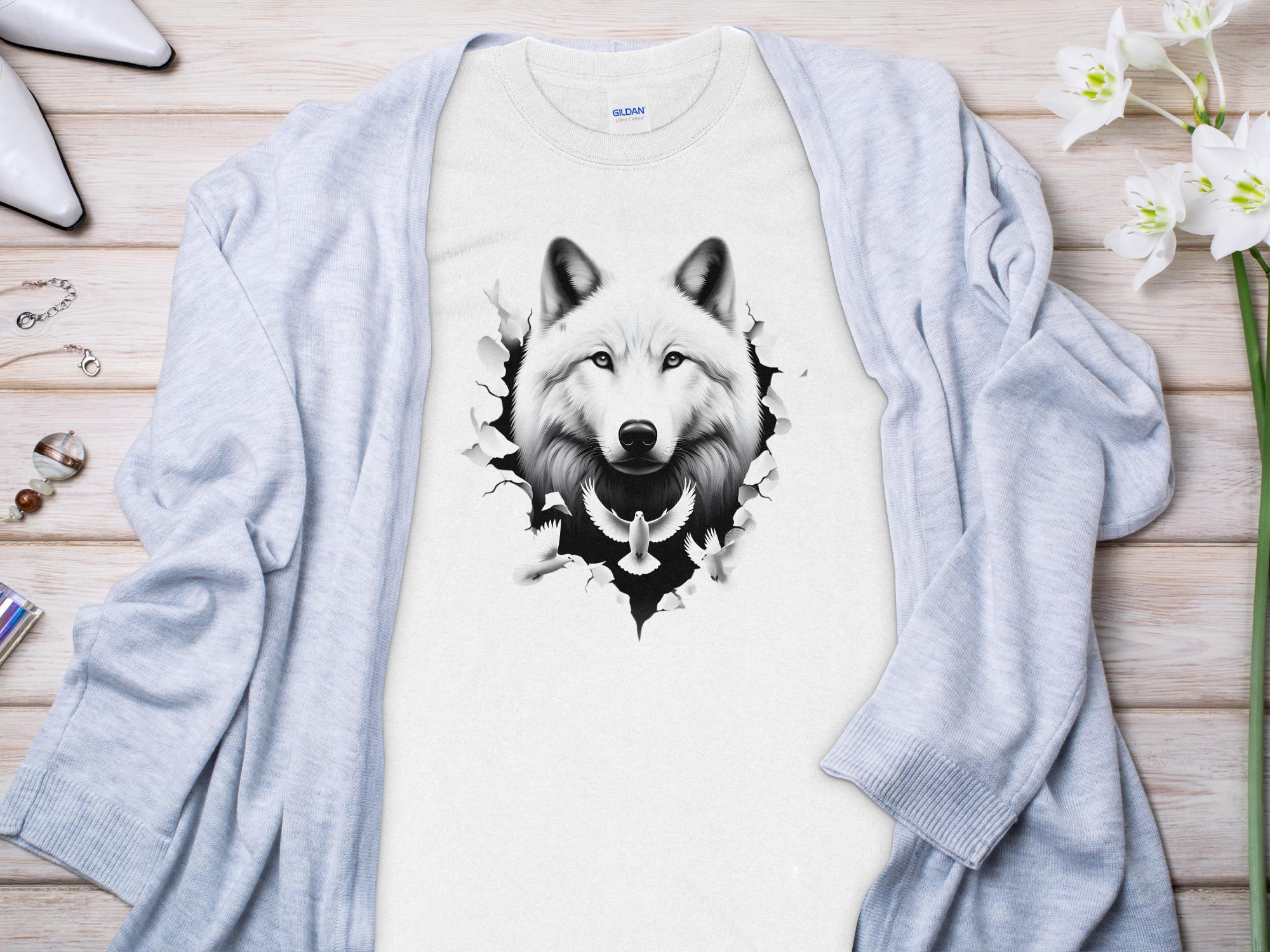 Wolf x Doves - Black White Gildan Long Sleeve Realistic Animal Talisman Unisex Tee Graphic Design