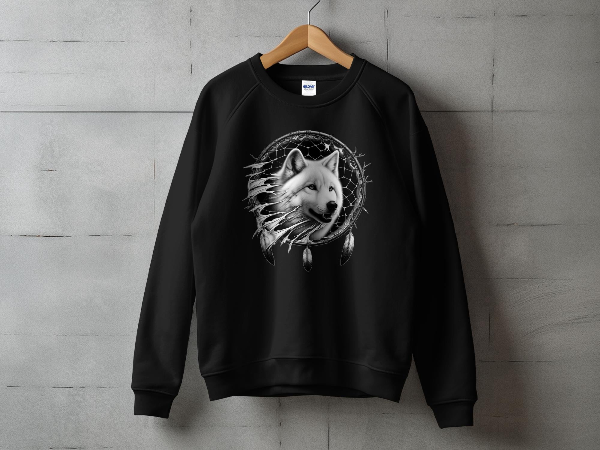 Dreamcatcher Wolf - Coloured Gildan Sweatshirt Realistic Native American Talisman Unisex Mythology Tee Graphic Design