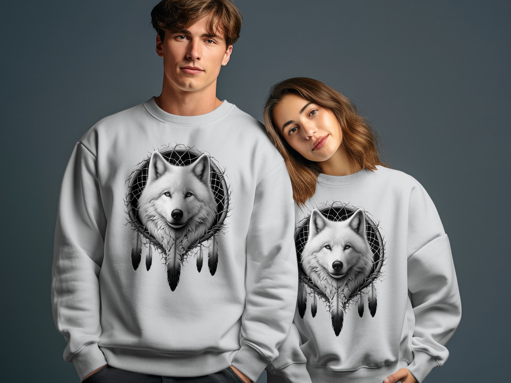 Dreamcatcher Wolf - Coloured Gildan Sweatshirt Realistic Native American Talisman Unisex Mythology Tee Graphic Design