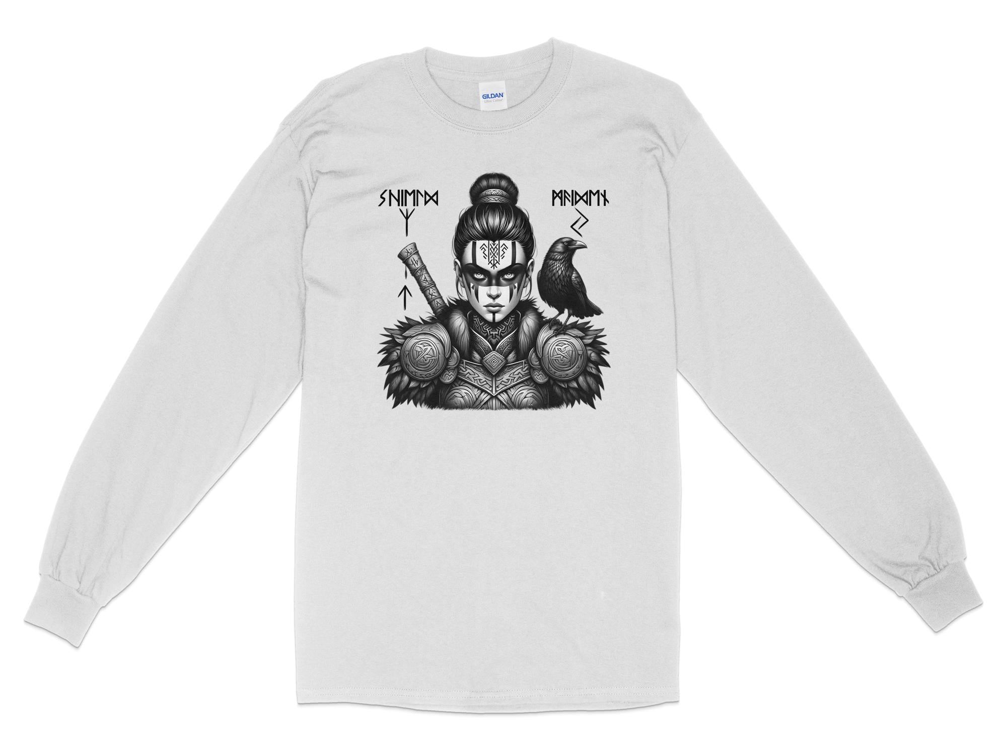 Viking Shield Maiden - Coloured Gildan Long Sleeve Realistic Norse Talisman Men Women Unisex Valhalla Tee Graphic Design