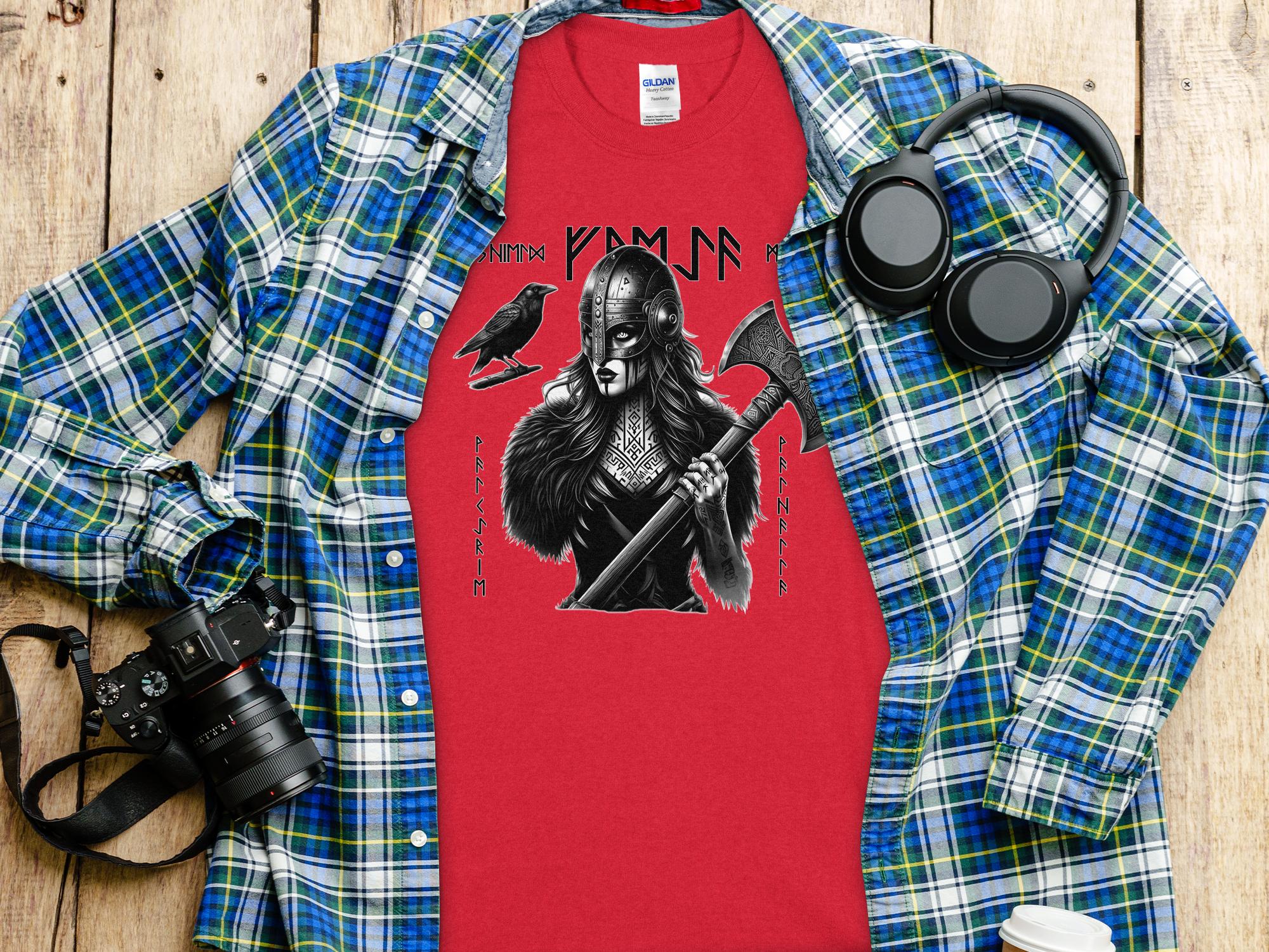 Viking Shield Maiden - Coloured Gildan T Shirt Realistic Norse Talisman Men Women Unisex Valhalla Tee Graphic Design