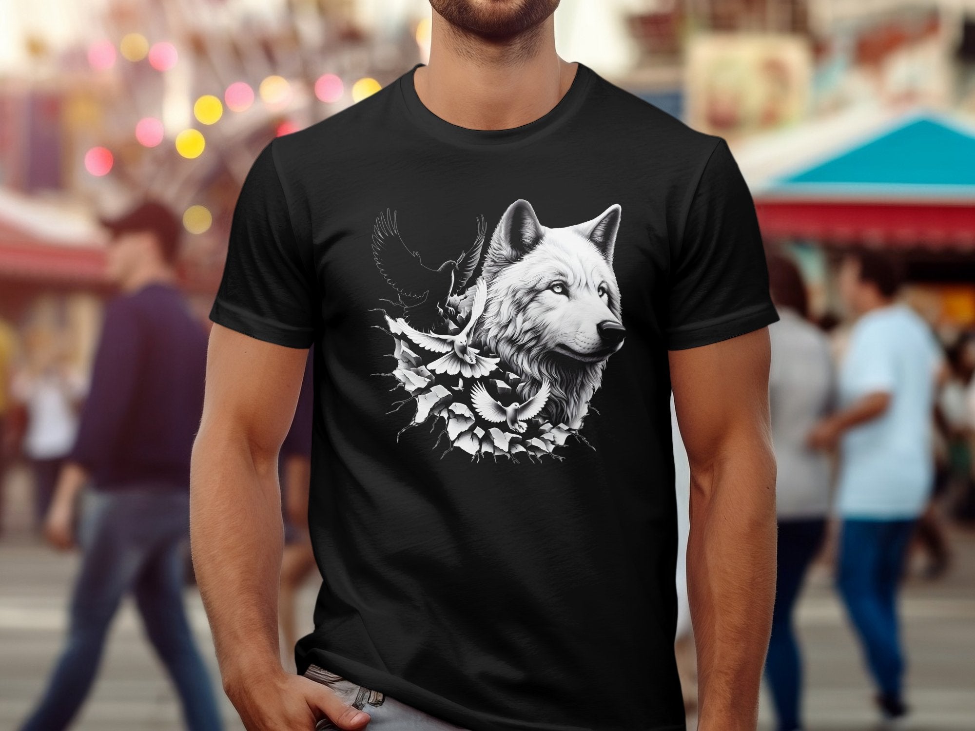 Wolf x Doves - Black White Gildan T-Shirt Realistic Animal Talisman Unisex Tee Graphic Design