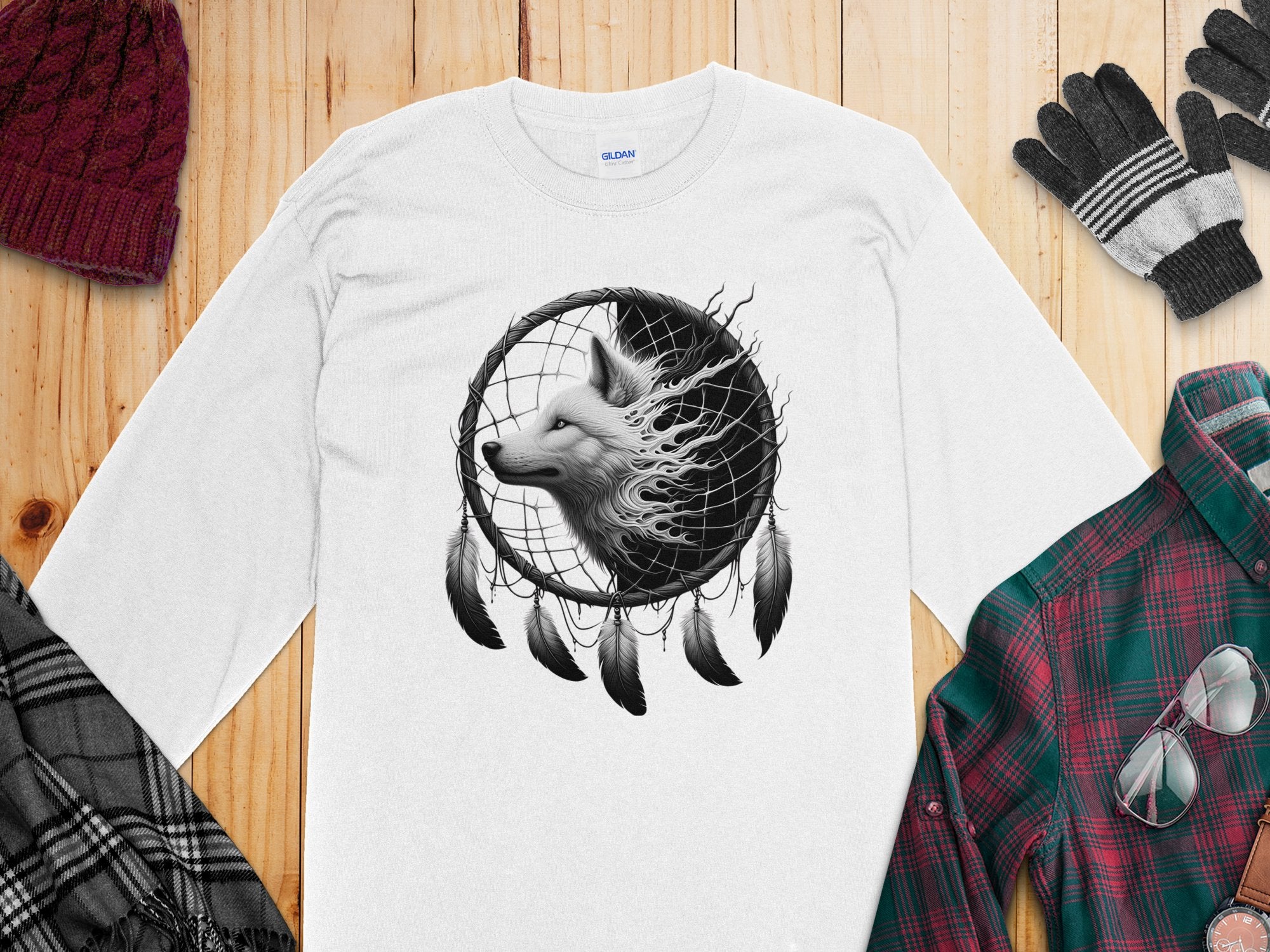 Dreamcatcher Wolf - Coloured Gildan Long Sleeve Realistic Native American Talisman Unisex Mythology Tee Graphic Design