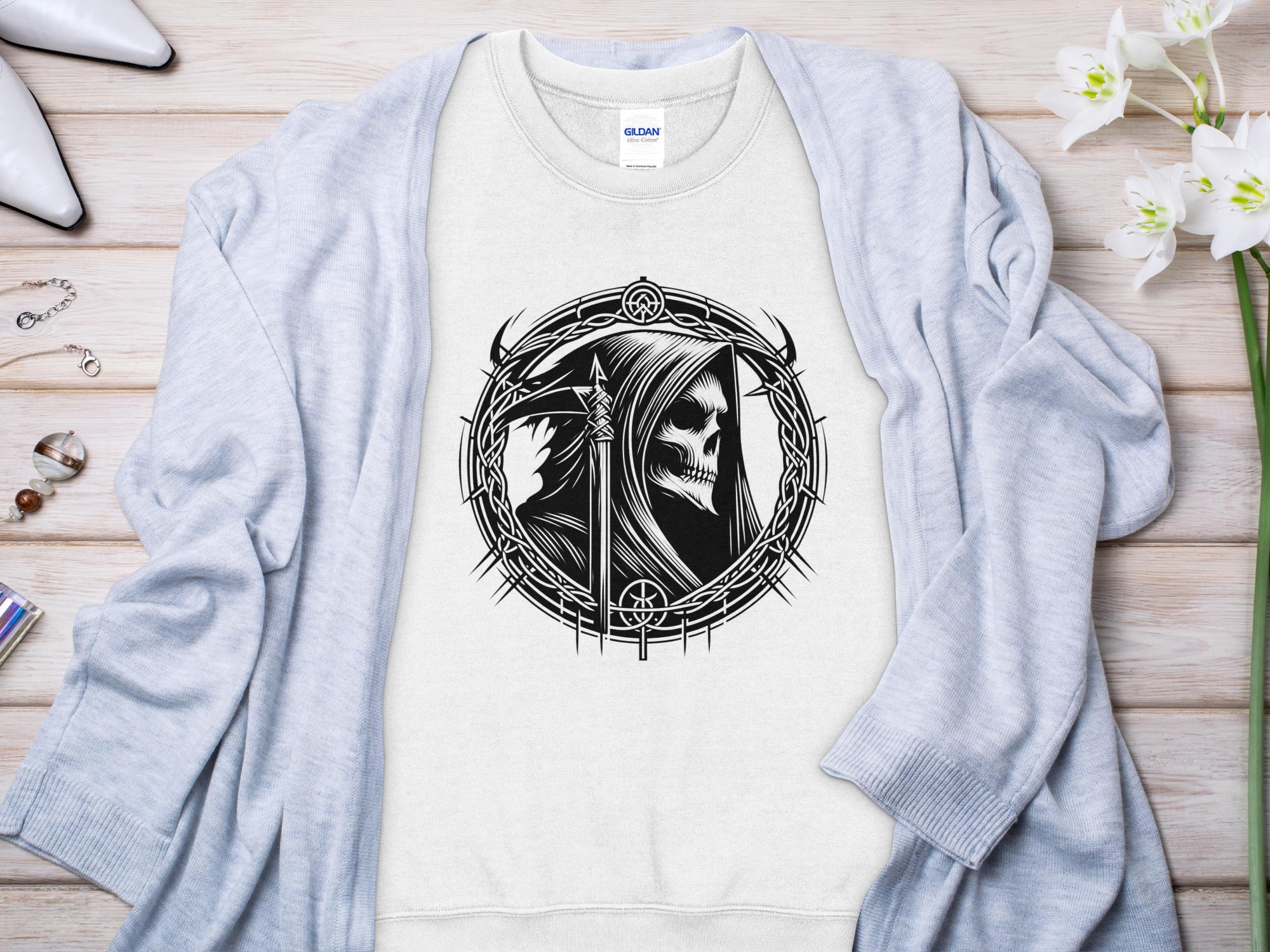 Grim Reaper - Black White Gildan Sweatshirt Commemorative Talisman Unisex Tee Graphic Design