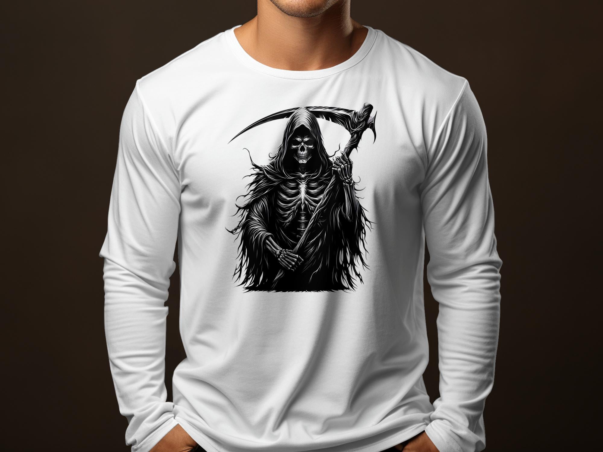 Grim Reaper - Black White Gildan Long Sleeve Commemorative Talisman Unisex Tee Graphic Design