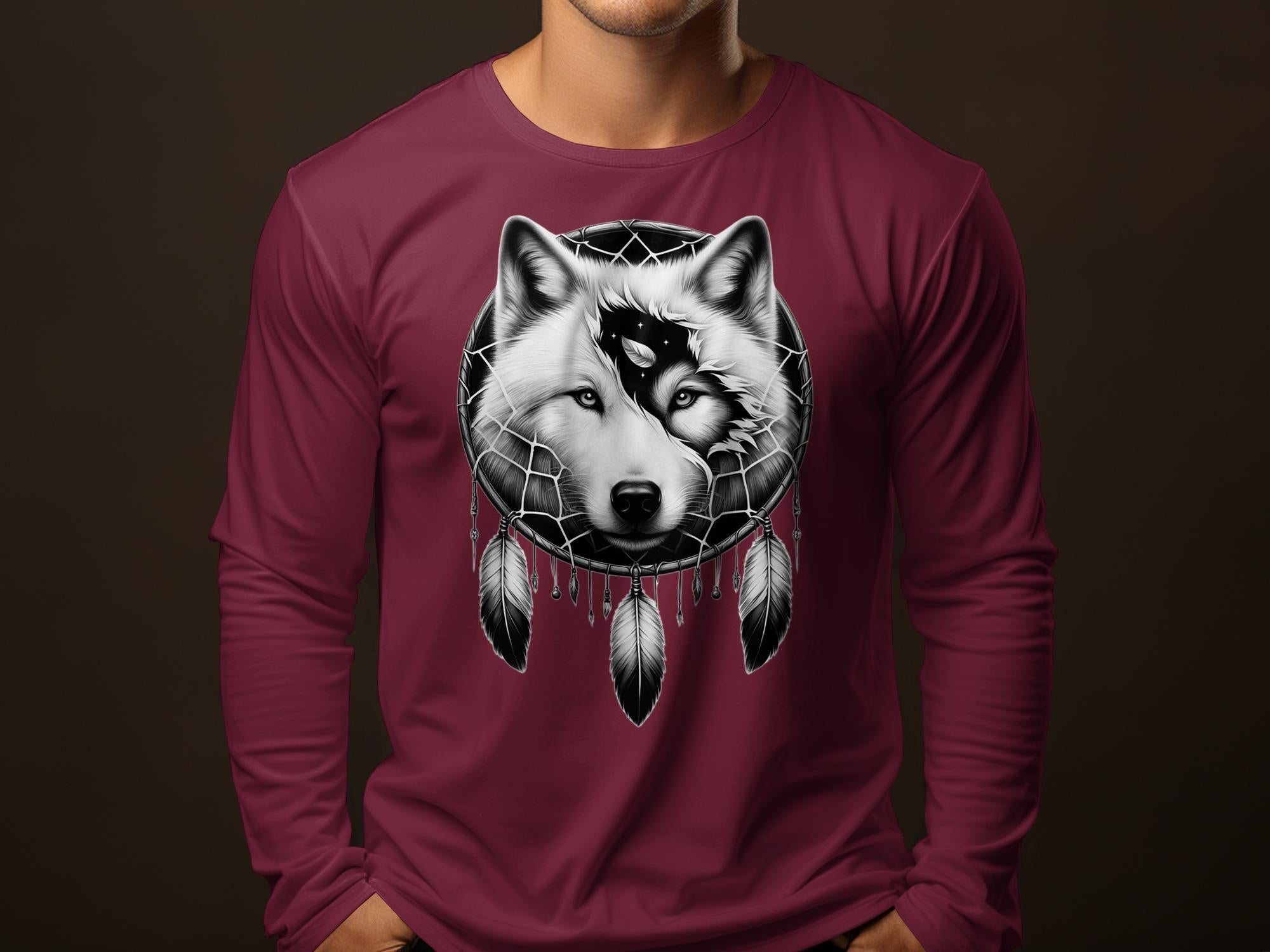 Dreamcatcher Wolf - Coloured Gildan Long Sleeve Realistic Native American Talisman Unisex Mythology Tee Graphic Design