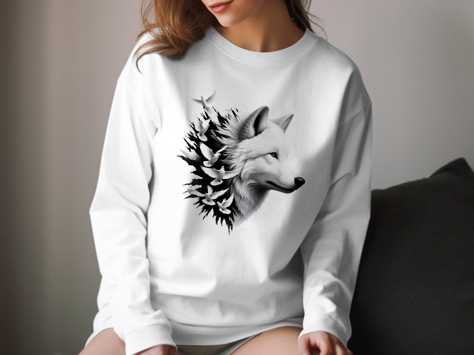 Wolf x Doves - Black White Gildan Long Sleeve Realistic Animal Talisman Unisex Tee Graphic Design