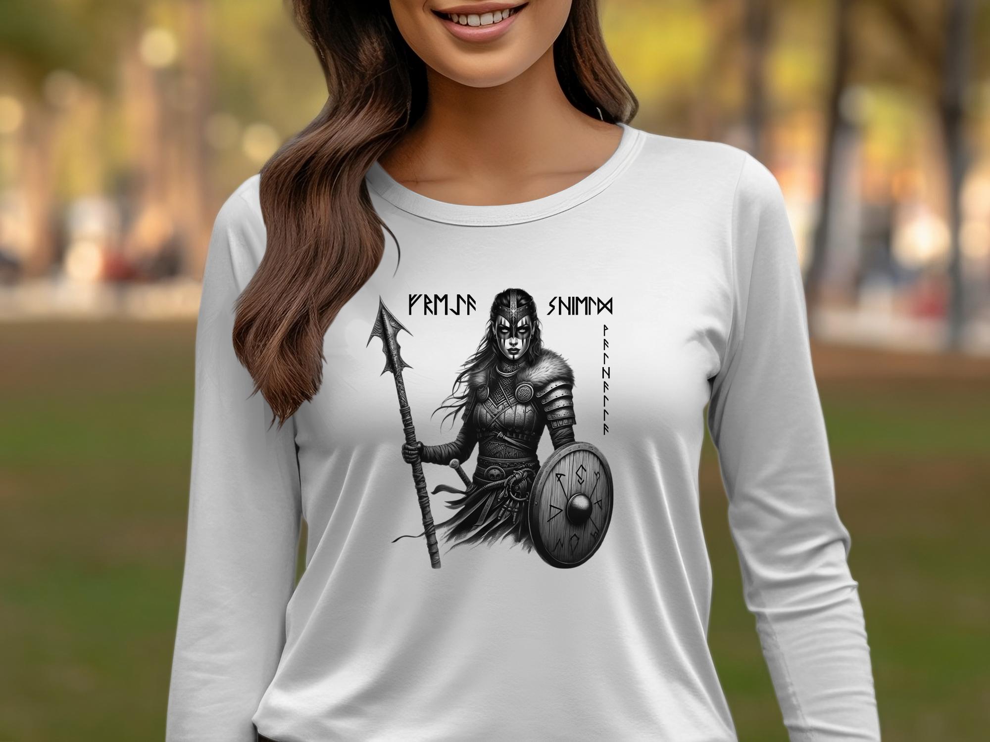 Viking Shield Maiden - Coloured Gildan Long Sleeve Realistic Norse Talisman Men Women Unisex Valhalla Tee Graphic Design