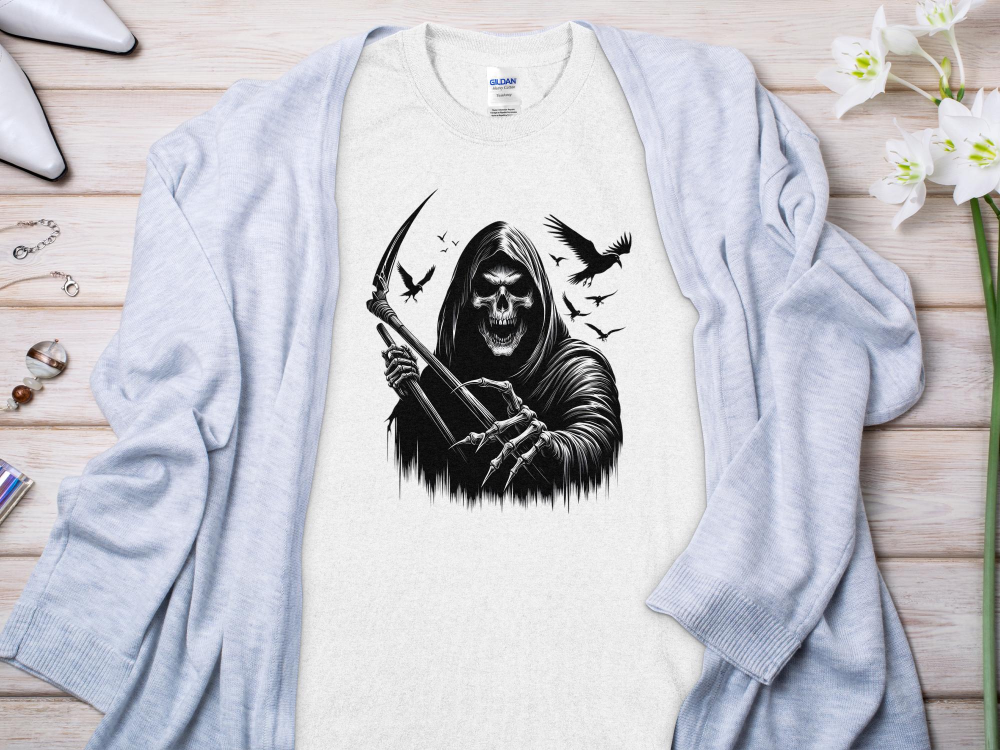 Grim Reaper - Black White Gildan T-Shirt Commemorative Talisman Unisex Tee Graphic Design