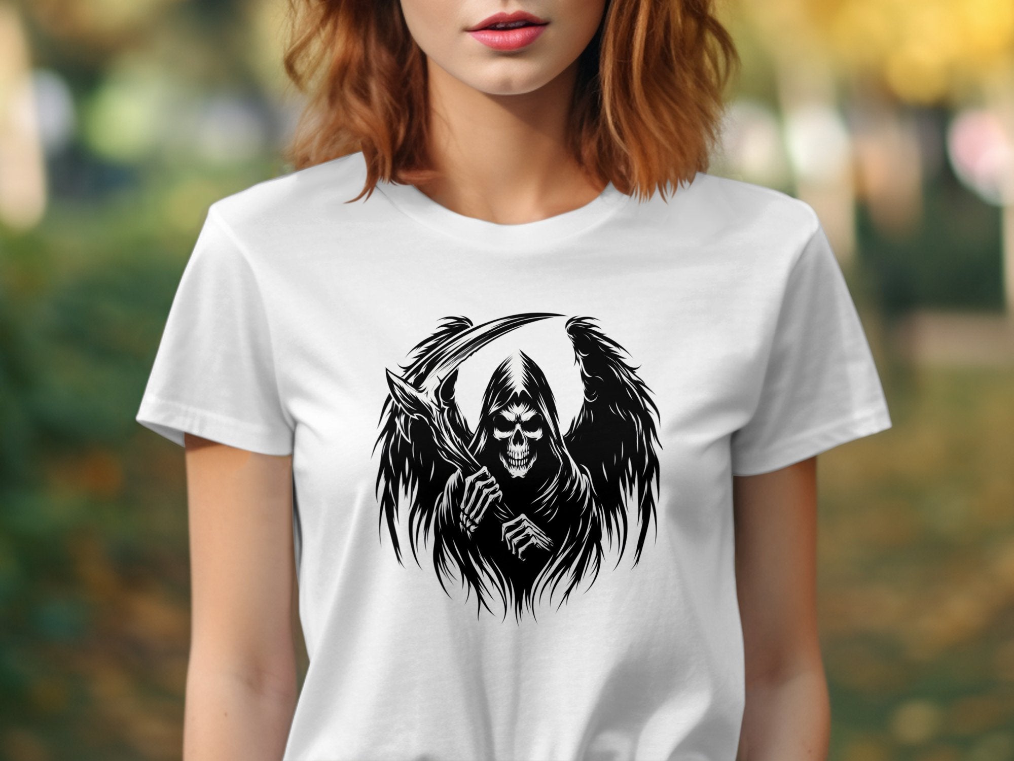 Grim Reaper - Black White Gildan T-Shirt Commemorative Talisman Unisex Tee Graphic Design