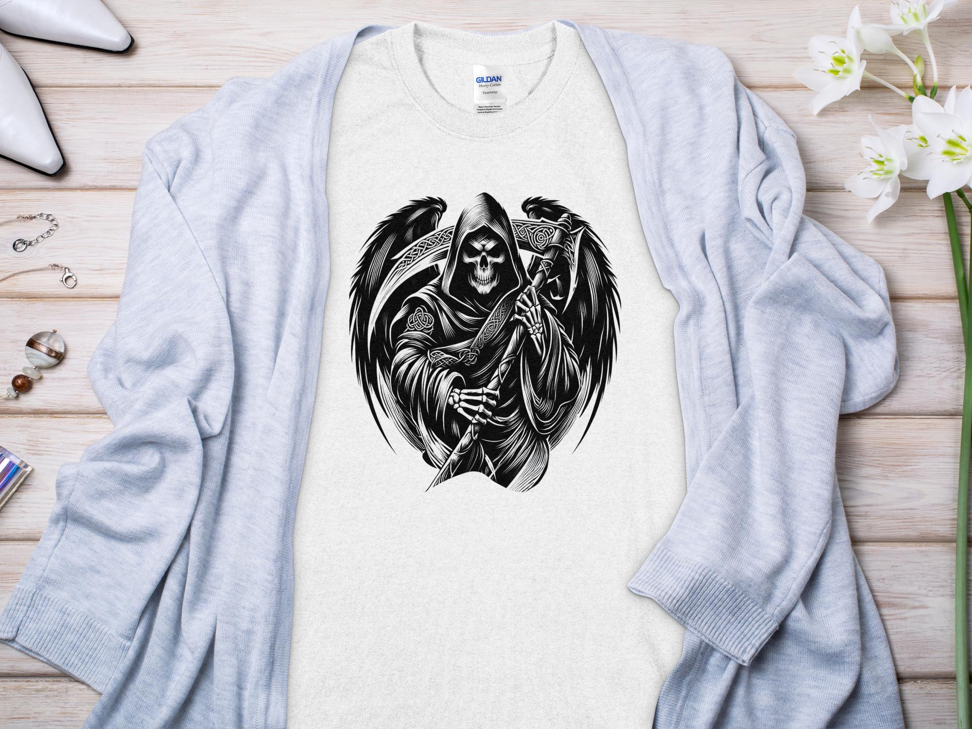 Grim Reaper - Black White Gildan T-Shirt Commemorative Talisman Unisex Tee Graphic Design