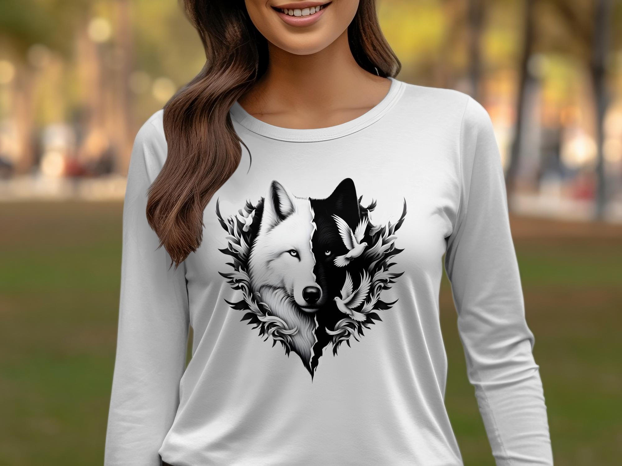 Wolf x Doves - Black White Gildan Long Sleeve Realistic Animal Talisman Unisex Tee Graphic Design