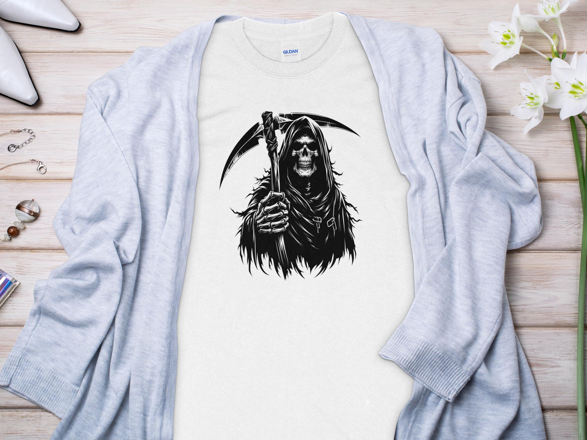 Grim Reaper - Black White Gildan Long Sleeve Commemorative Talisman Unisex Tee Graphic Design