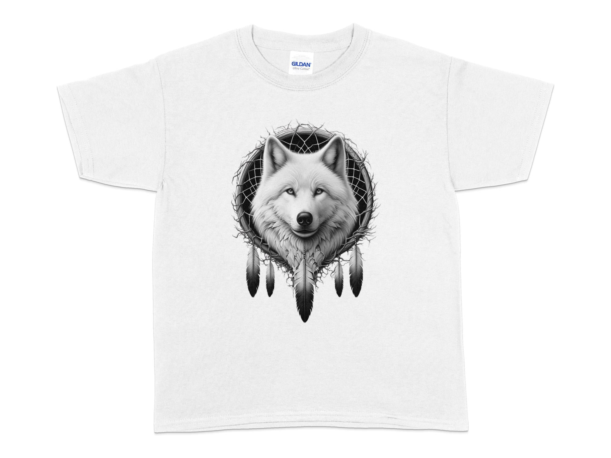 Dreamcatcher Wolf - Coloured Gildan Kids T-Shirt Realistic Native American Talisman Unisex Mythology Tee Graphic Design