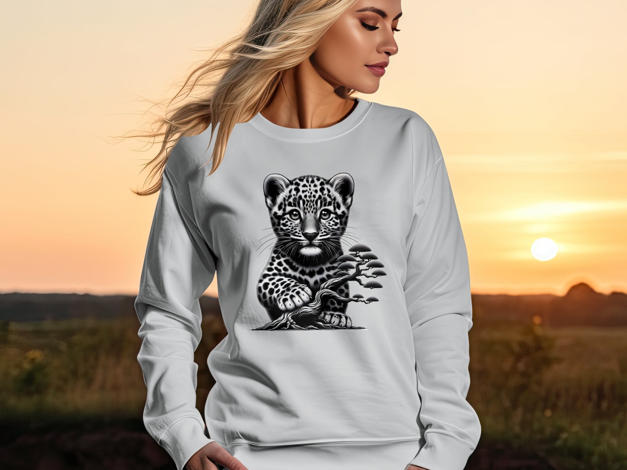 Leopard Bonsai - Coloured Gildan Sweatshirt Realistic Animal Talisman Unisex Cute Tee Graphic Design