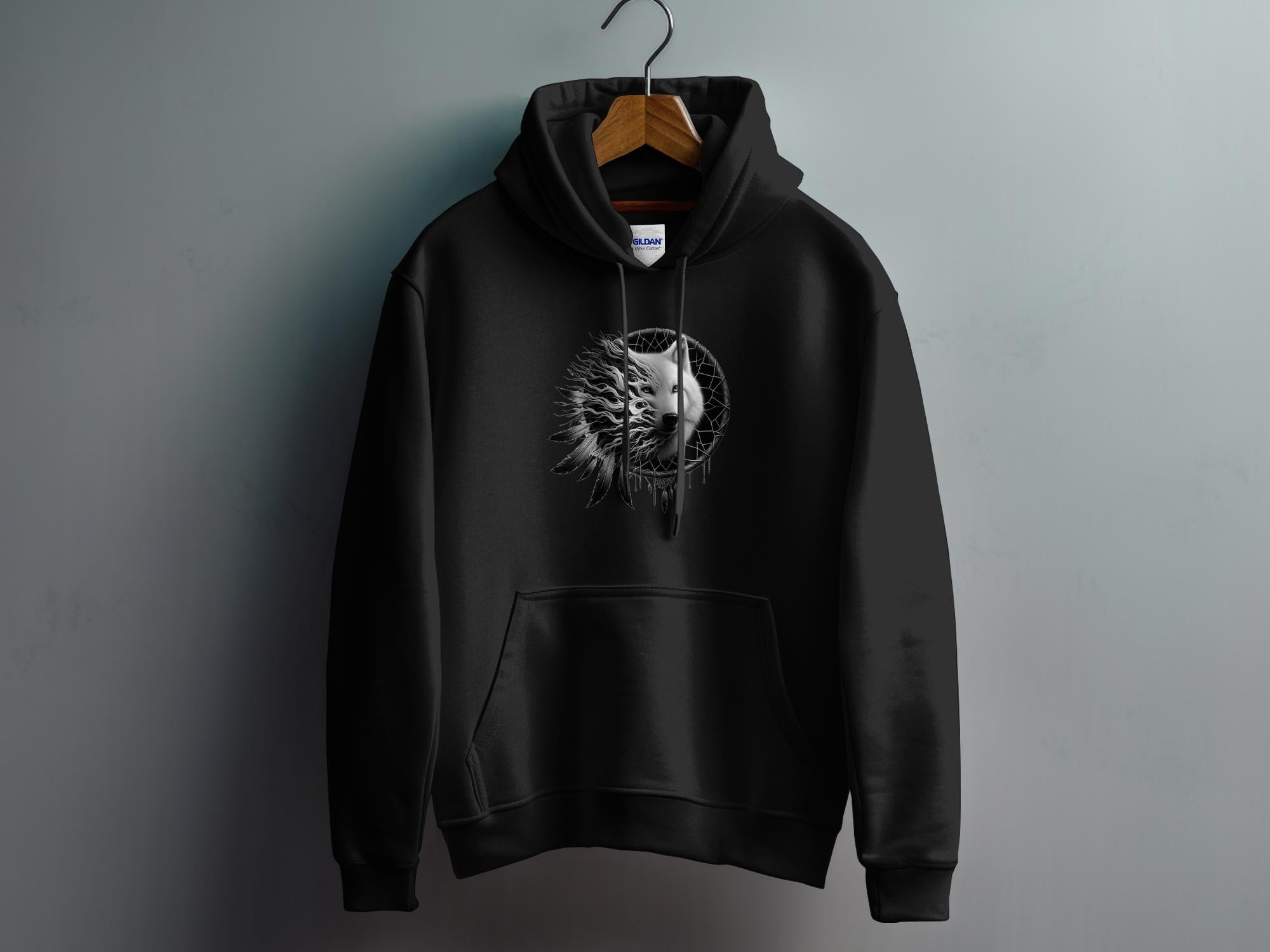 Dreamcatcher Wolf - Coloured Gildan Hoodie Realistic Native American Talisman Unisex Mythology Tee Graphic Design