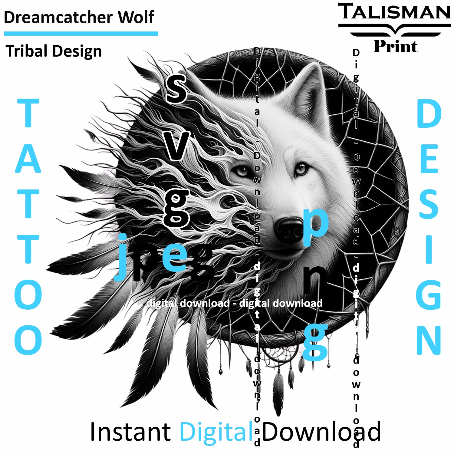 Dreamcatcher Wolf - Digital Art | PNG, JPEG & SVG | Instant Download for Apparel, Décor and Wall Art