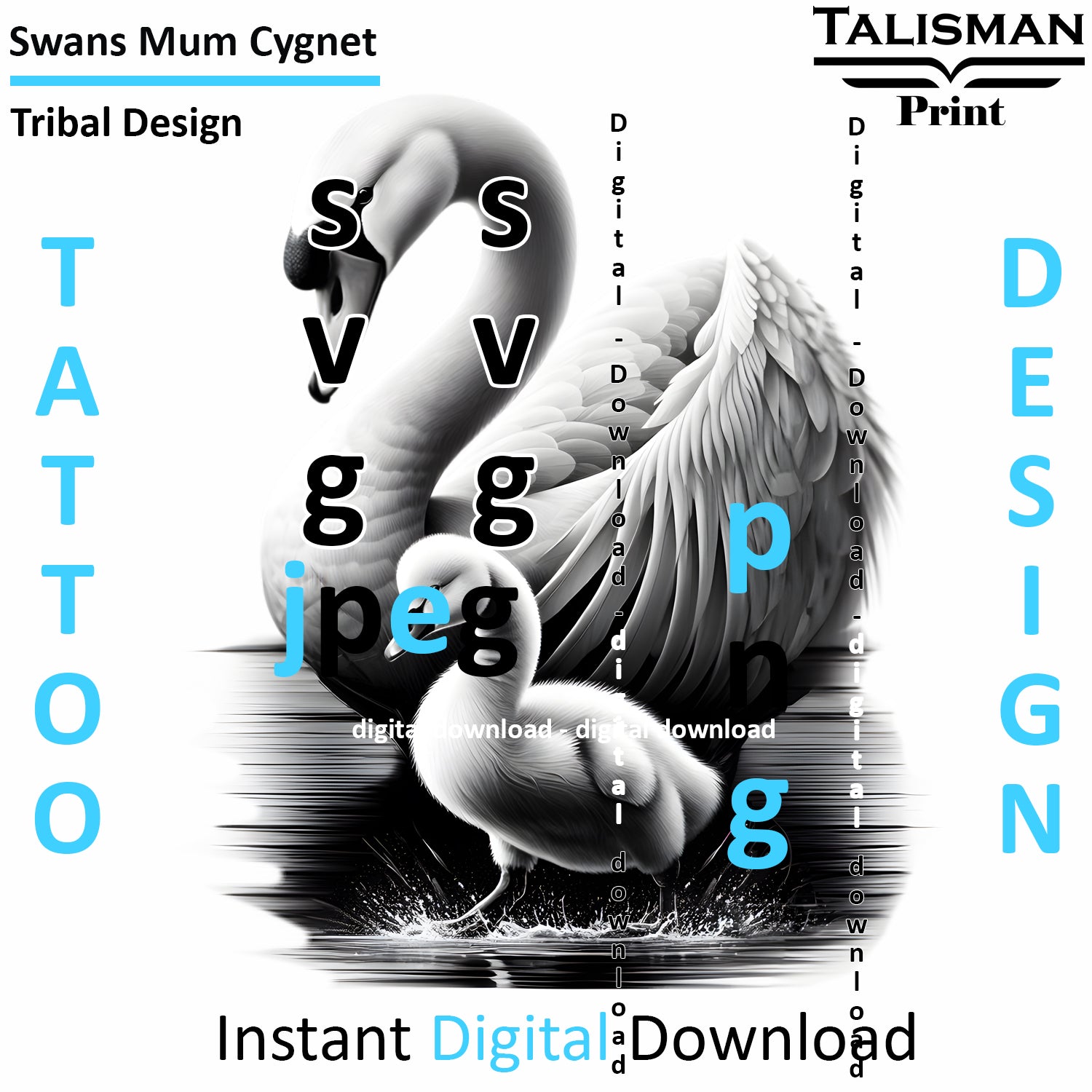 Swan and Cygnet - Digital Art | PNG, JPEG & SVG | Instant Download for Apparel, Décor and Wall Art