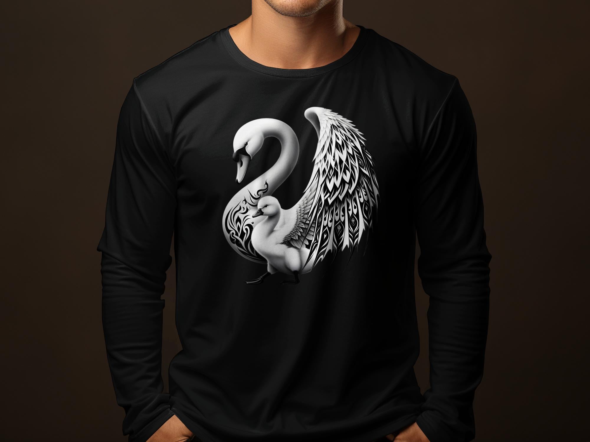 Swan & Cygnet- Black White Gildan Long Sleeve Realistic Family Talisman Unisex Tee Graphic Design