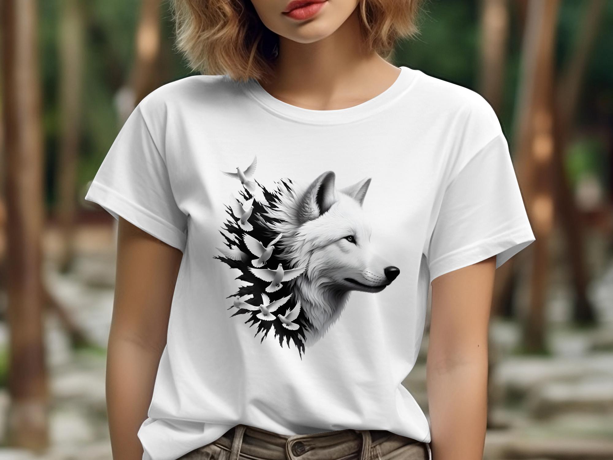 Wolf x Doves - Black White Gildan T-Shirt Realistic Animal Talisman Unisex Tee Graphic Design