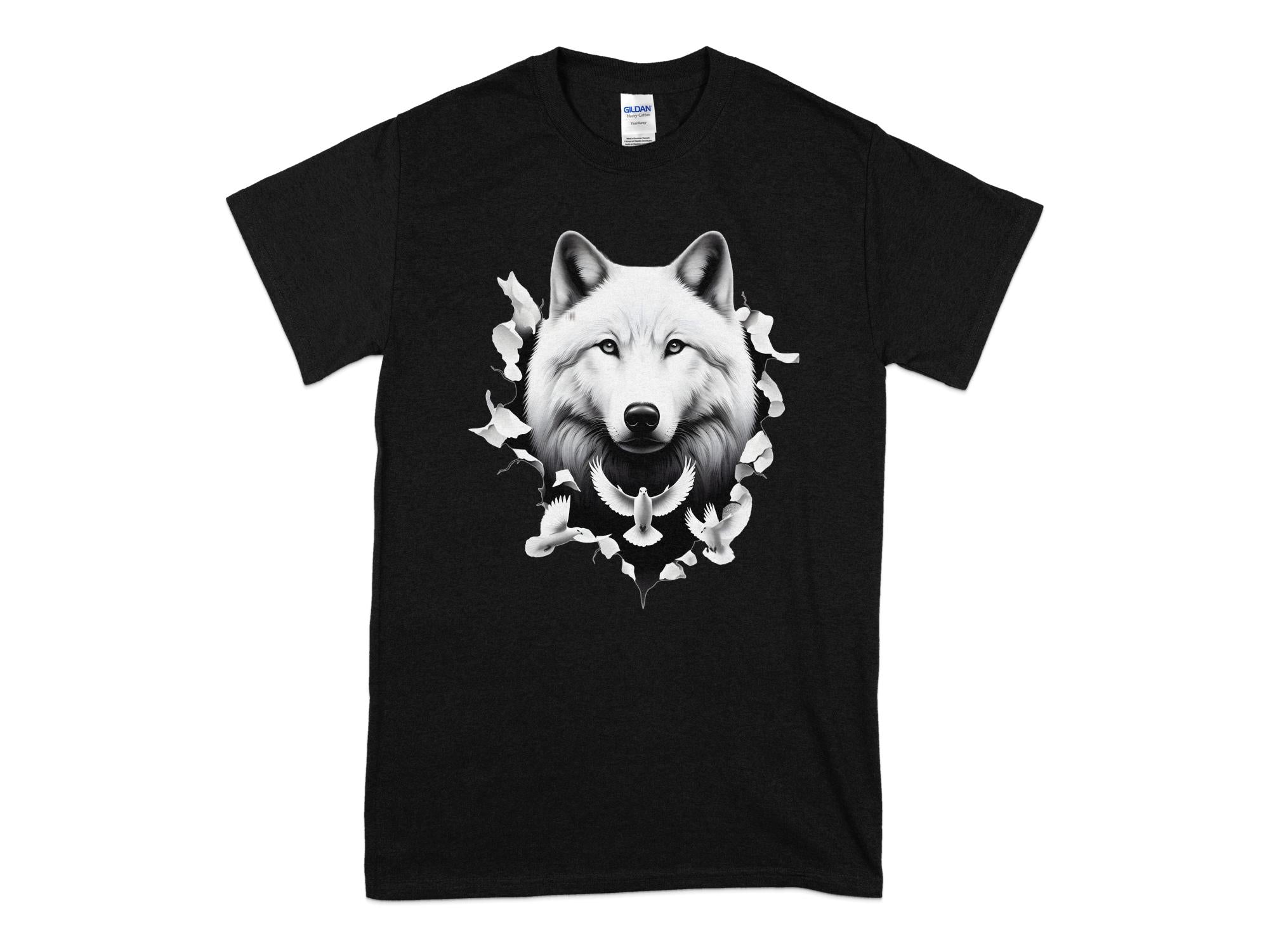 Wolf x Doves - Black White Gildan T-Shirt Realistic Animal Talisman Unisex Tee Graphic Design