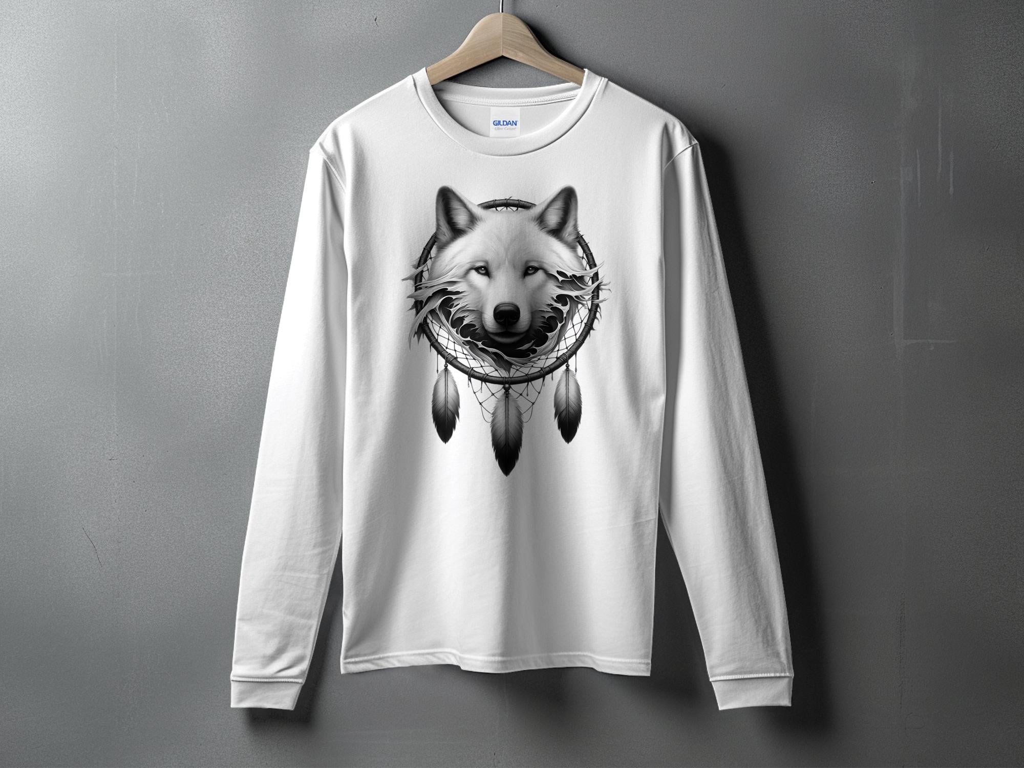 Dreamcatcher Wolf - Coloured Gildan Long Sleeve Realistic Native American Talisman Unisex Mythology Tee Graphic Design