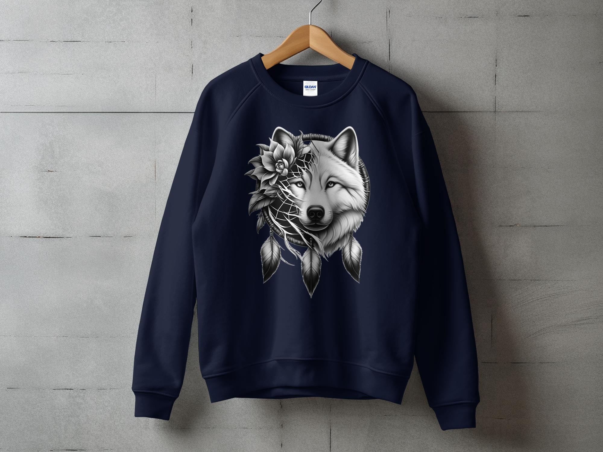 Dreamcatcher Wolf - Coloured Gildan Sweatshirt Realistic Native American Talisman Unisex Mythology Tee Graphic Design