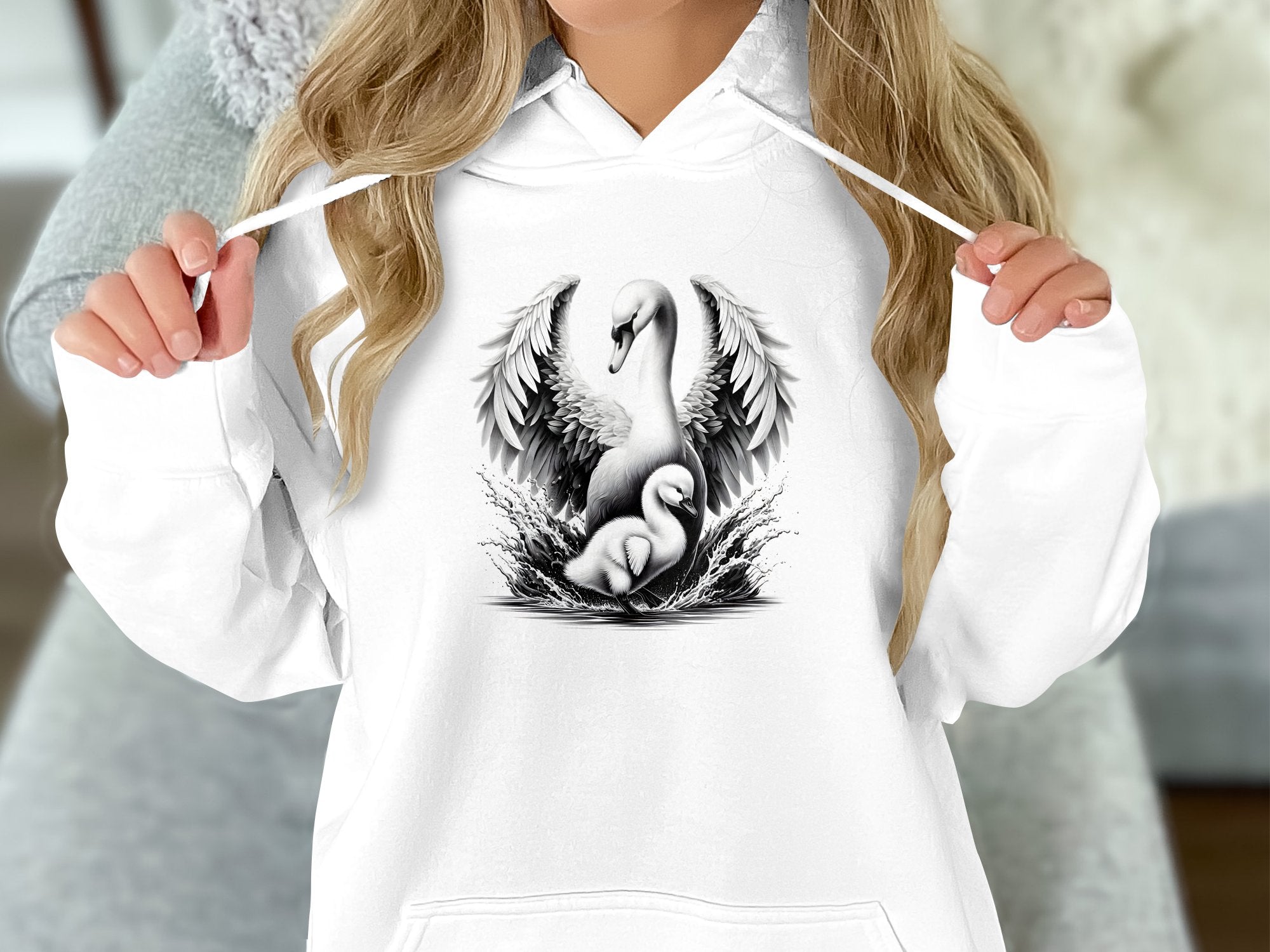 Swan & Cygnet- Black White Gildan Hoodie Realistic Family Talisman Unisex Tee Graphic Design