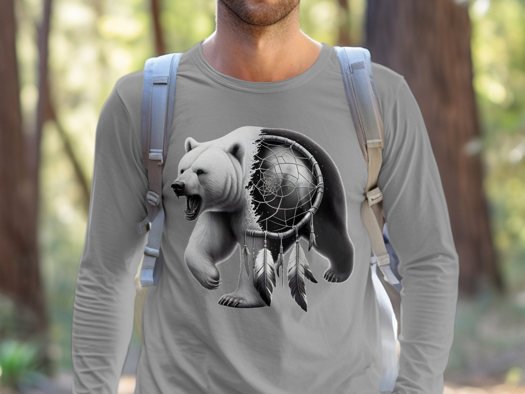 Dreamcatcher Bear - Coloured Gildan Long Sleeve Realistic Native American Talisman Unisex Mythology Tee Graphic Design