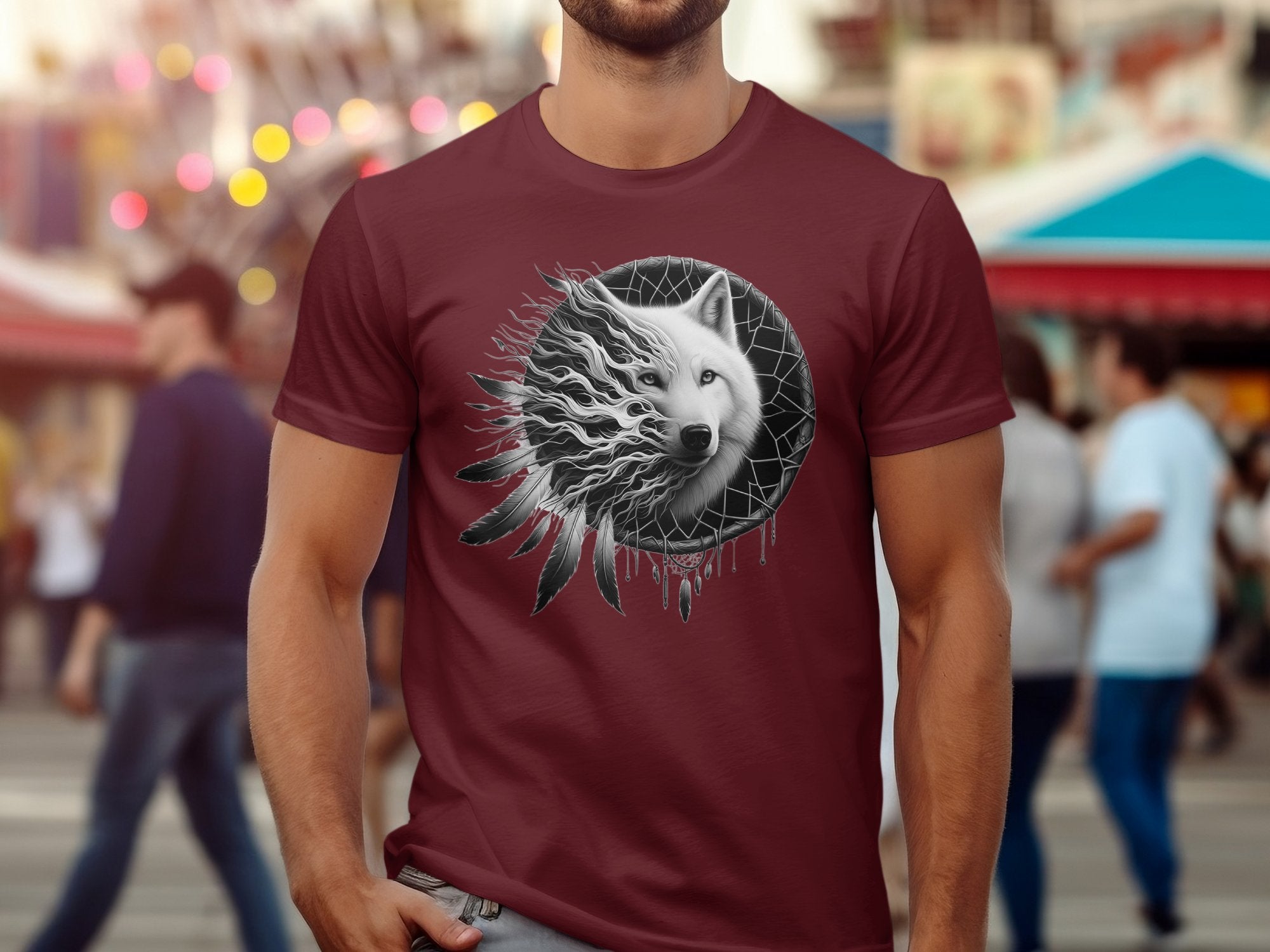 Dreamcatcher Wolf - Coloured Gildan T-Shirt Realistic Native American Talisman Unisex Mythology Tee Graphic Design