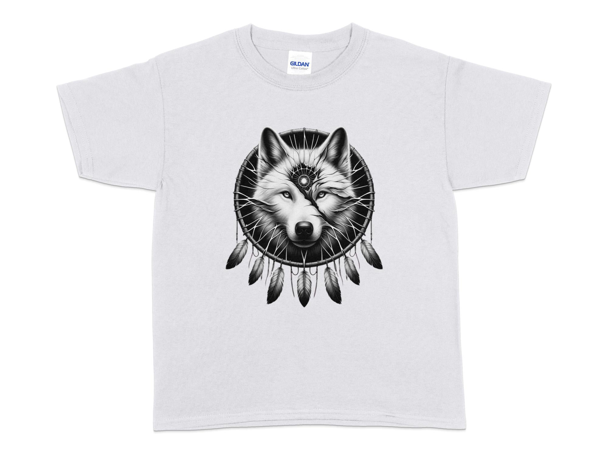 Dreamcatcher Wolf - Coloured Gildan Kids T-Shirt Realistic Native American Talisman Unisex Mythology Tee Graphic Design