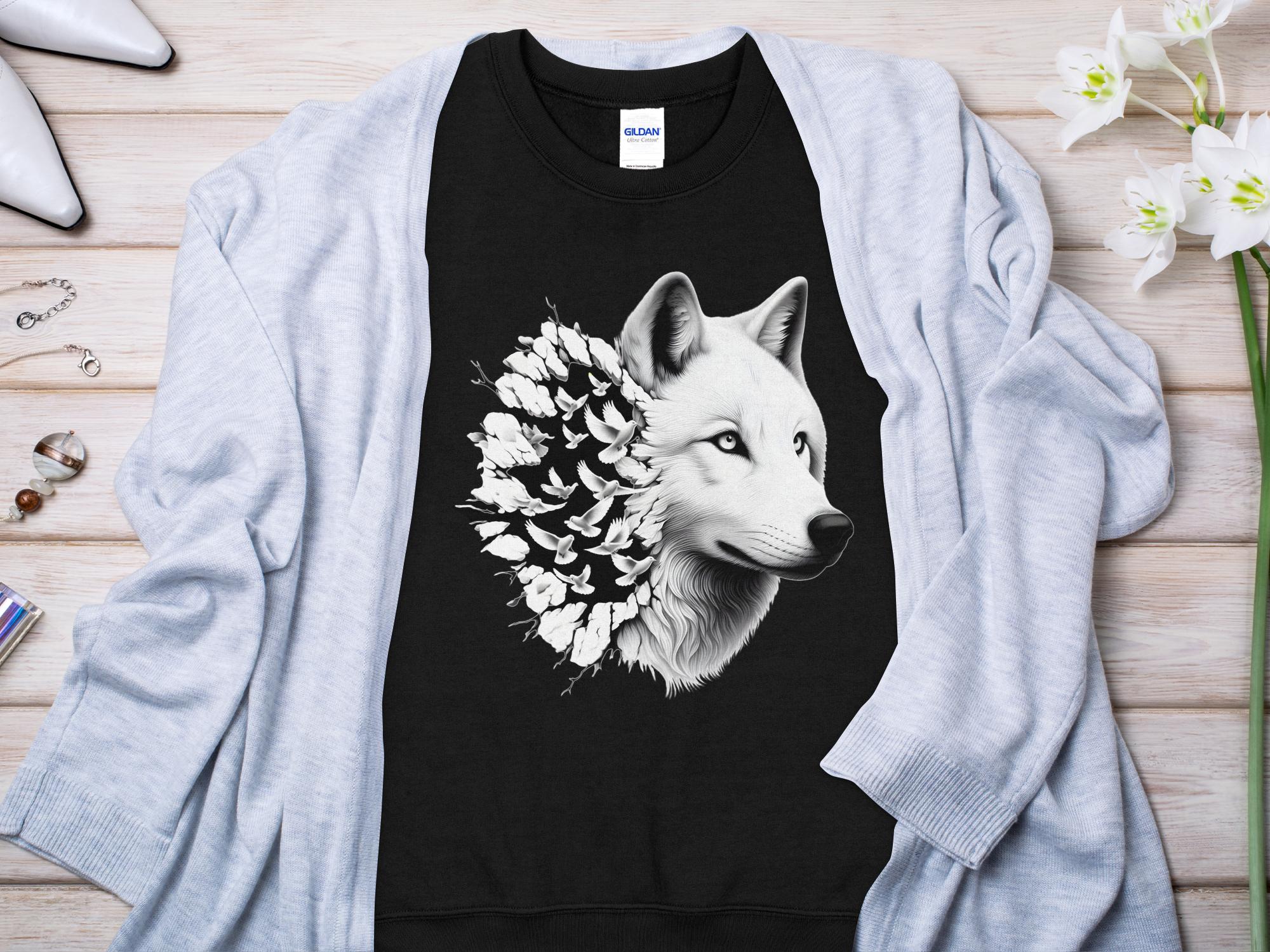 Wolf x Doves - Black White Gildan Sweatshirt Realistic Animal Talisman Unisex Tee Graphic Design