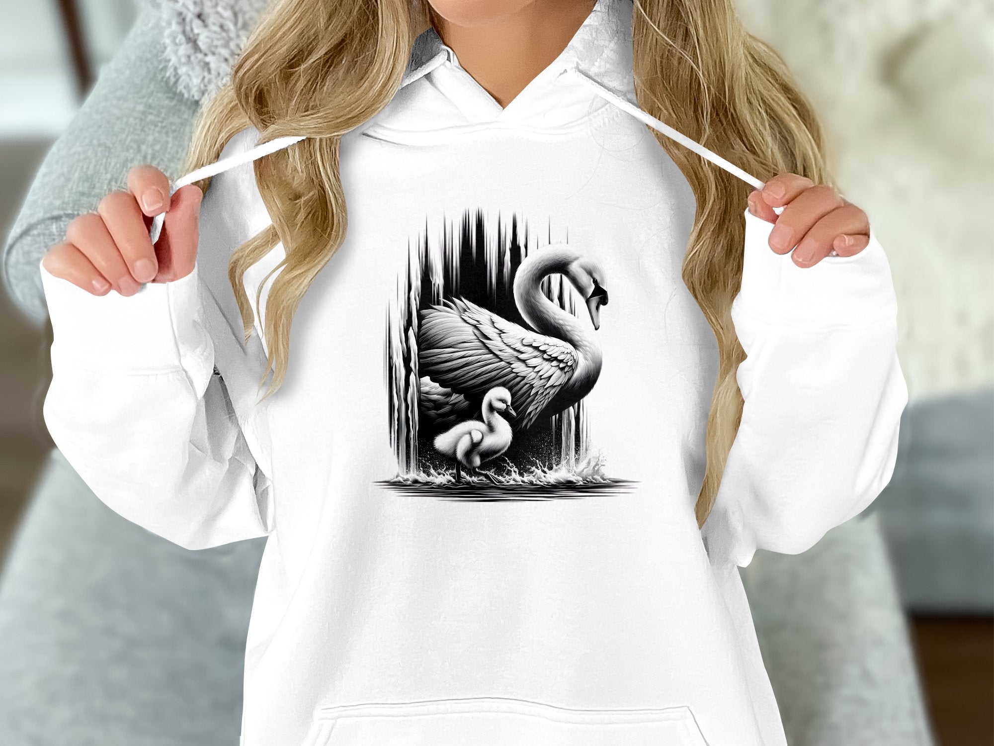 Swan & Cygnet- Black White Gildan Hoodie Realistic Family Talisman Unisex Tee Graphic Design