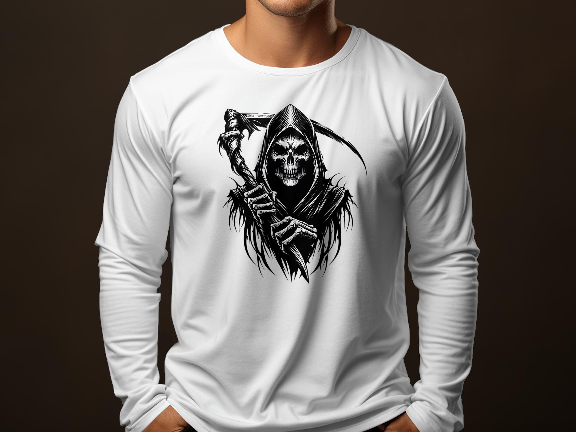 Grim Reaper - Black White Gildan Long Sleeve Commemorative Talisman Unisex Tee Graphic Design