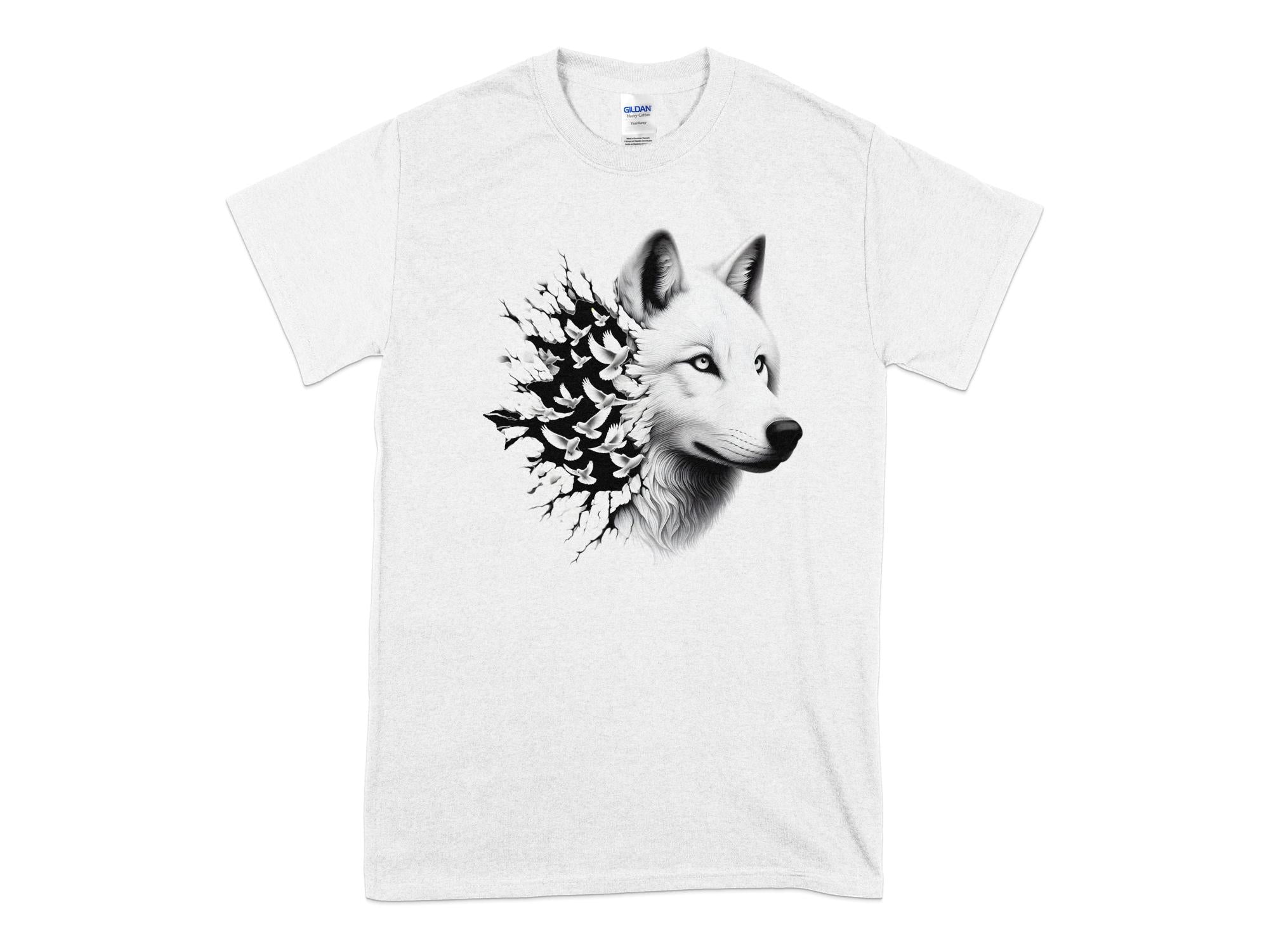 Wolf x Doves - Black White Gildan T-Shirt Realistic Animal Talisman Unisex Tee Graphic Design