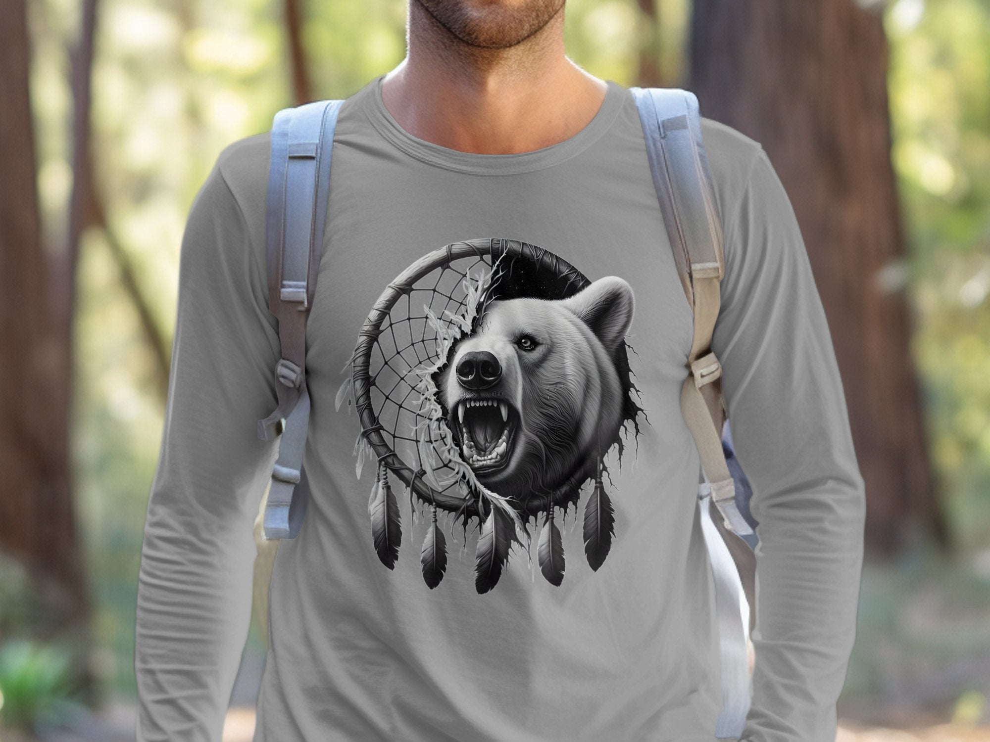 Dreamcatcher Bear - Coloured Gildan Long Sleeve Realistic Native American Talisman Unisex Mythology Tee Graphic Design