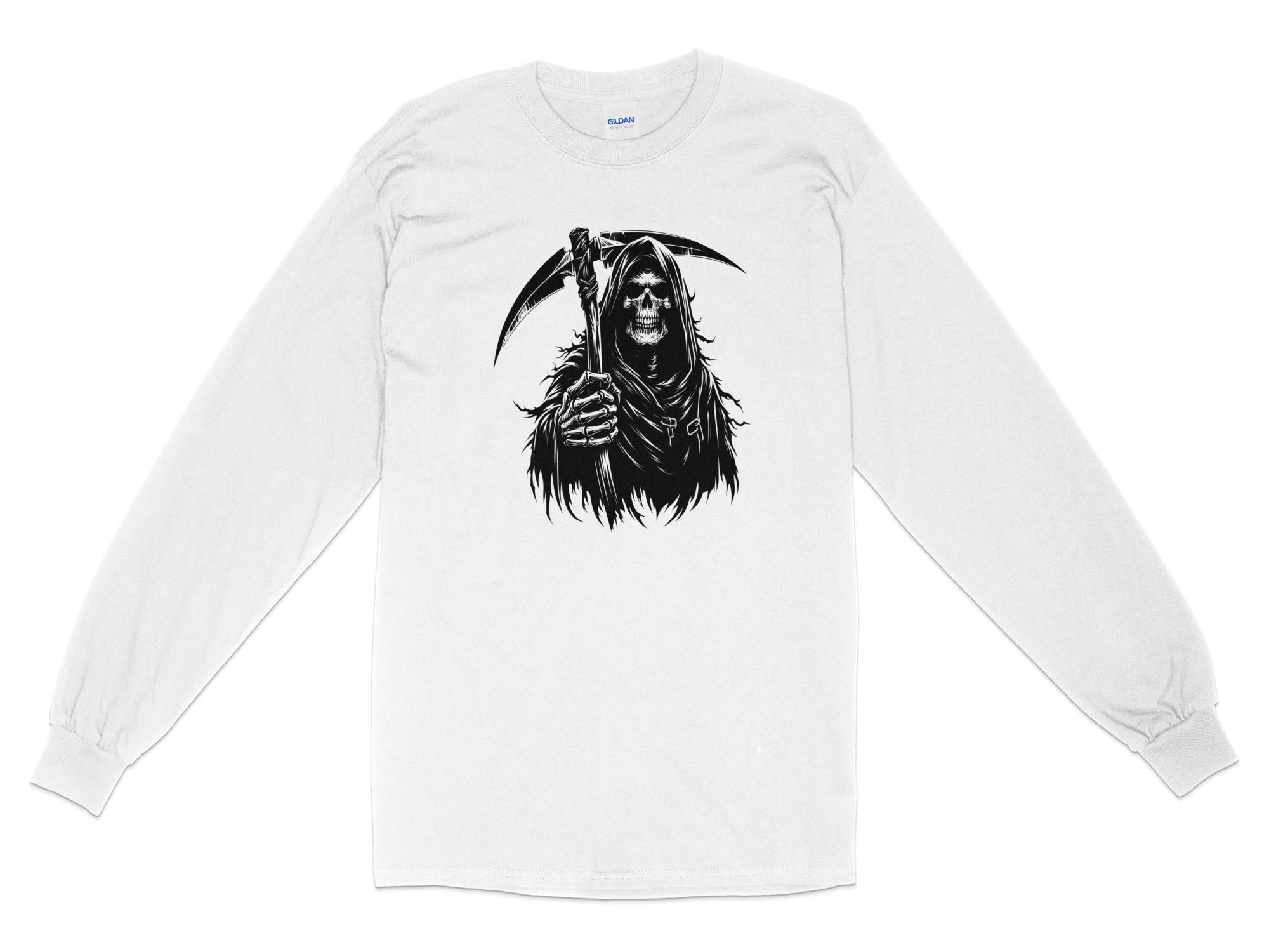 Grim Reaper - Black White Gildan Long Sleeve Commemorative Talisman Unisex Tee Graphic Design