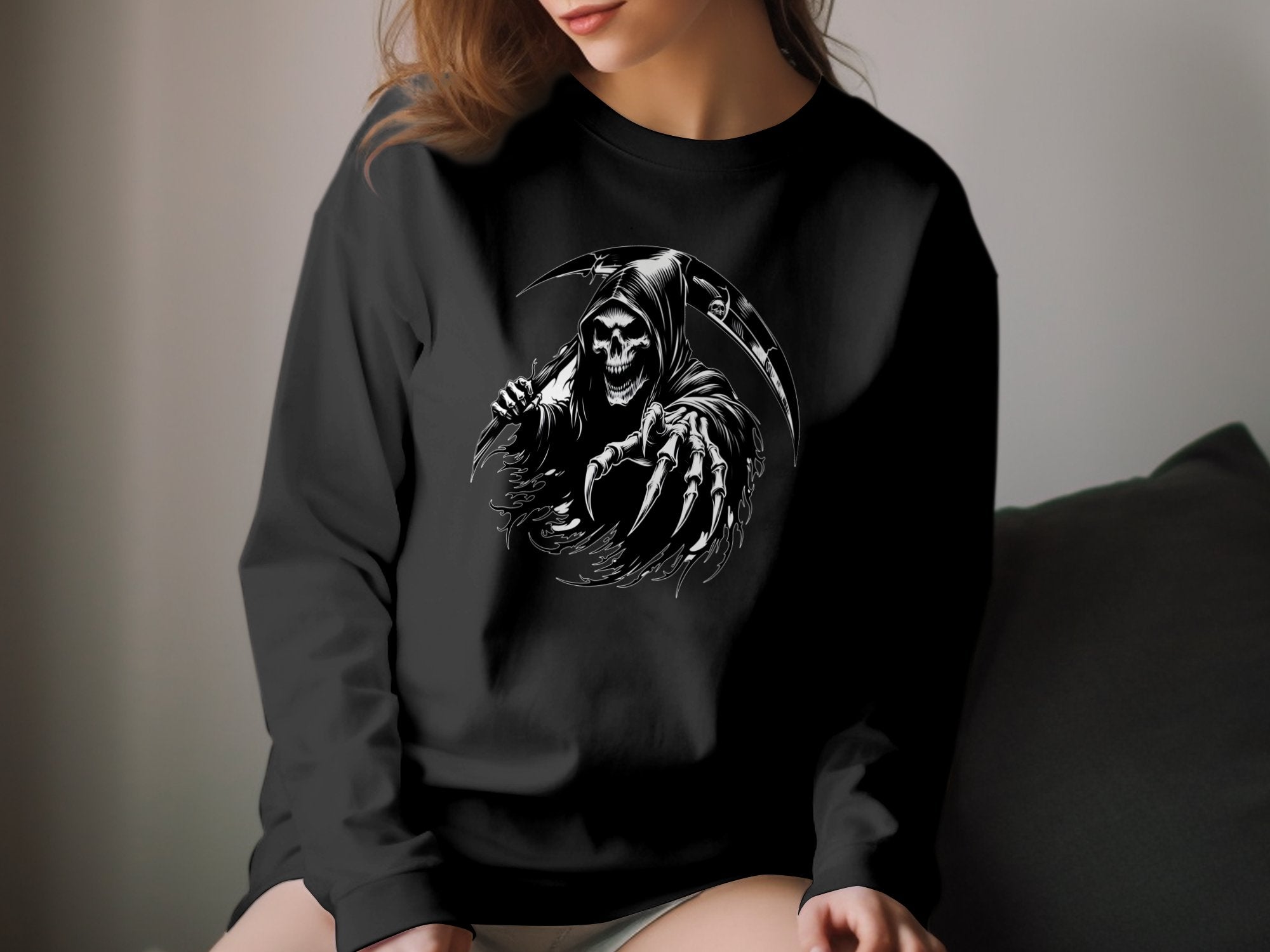 Grim Reaper - Black White Gildan Long Sleeve Commemorative Talisman Unisex Tee Graphic Design