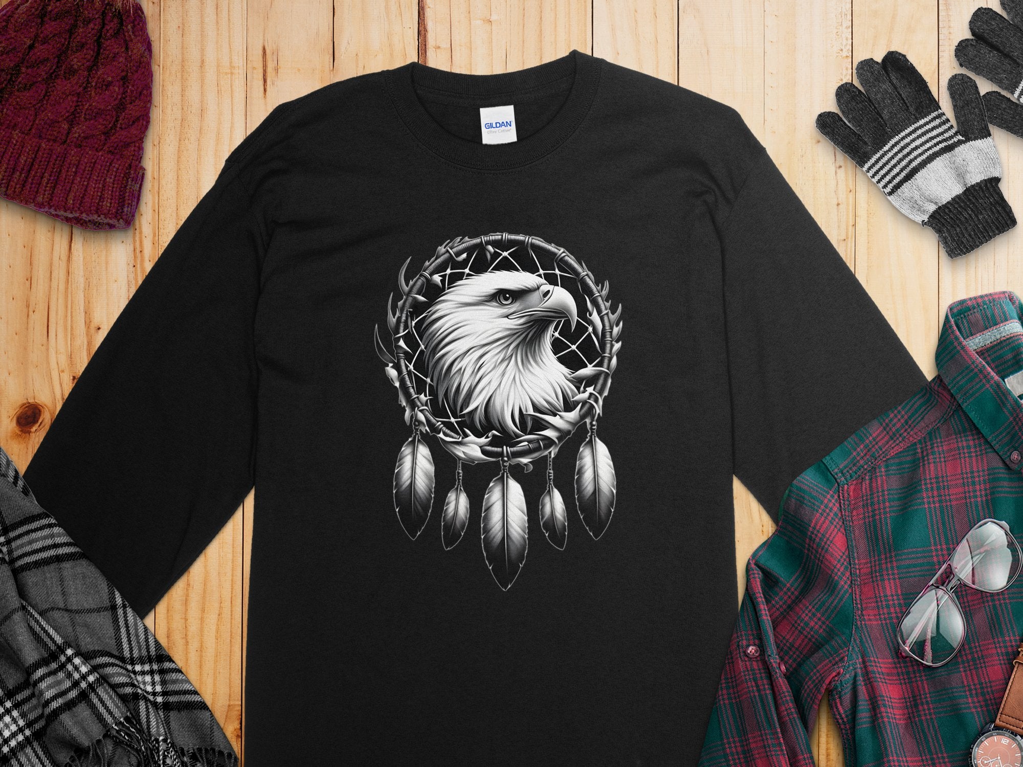 Dreamcatcher Eagle - Coloured Gildan Long Sleeve Realistic Native American Talisman Unisex Mythology Tee Graphic Design