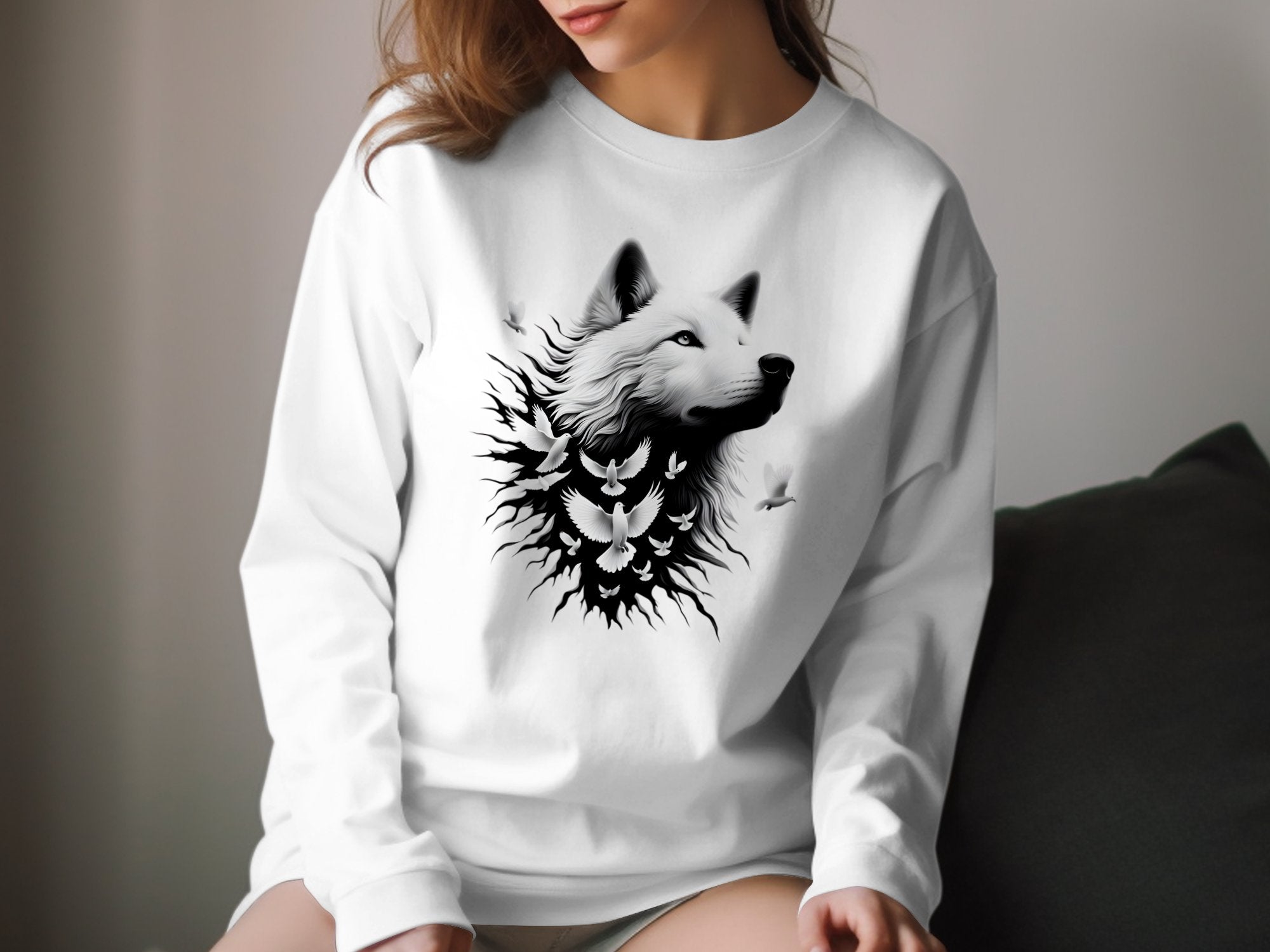 Wolf x Doves - Black White Gildan Long Sleeve Realistic Animal Talisman Unisex Tee Graphic Design