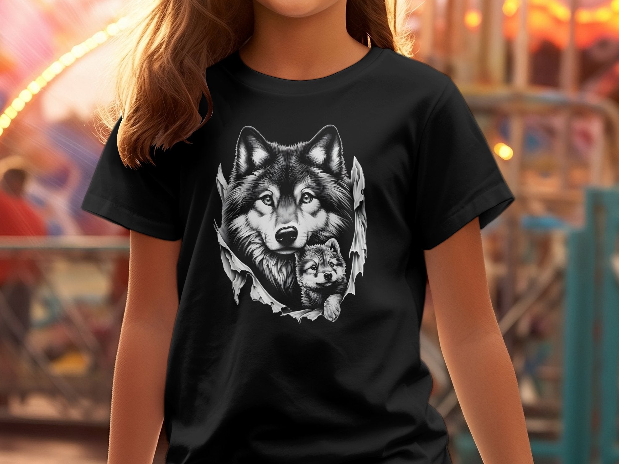 Wolf Mother and Cub - Coloured Gildan Kids T-Shirt Family Talisman Unisex Tee Graphic Design